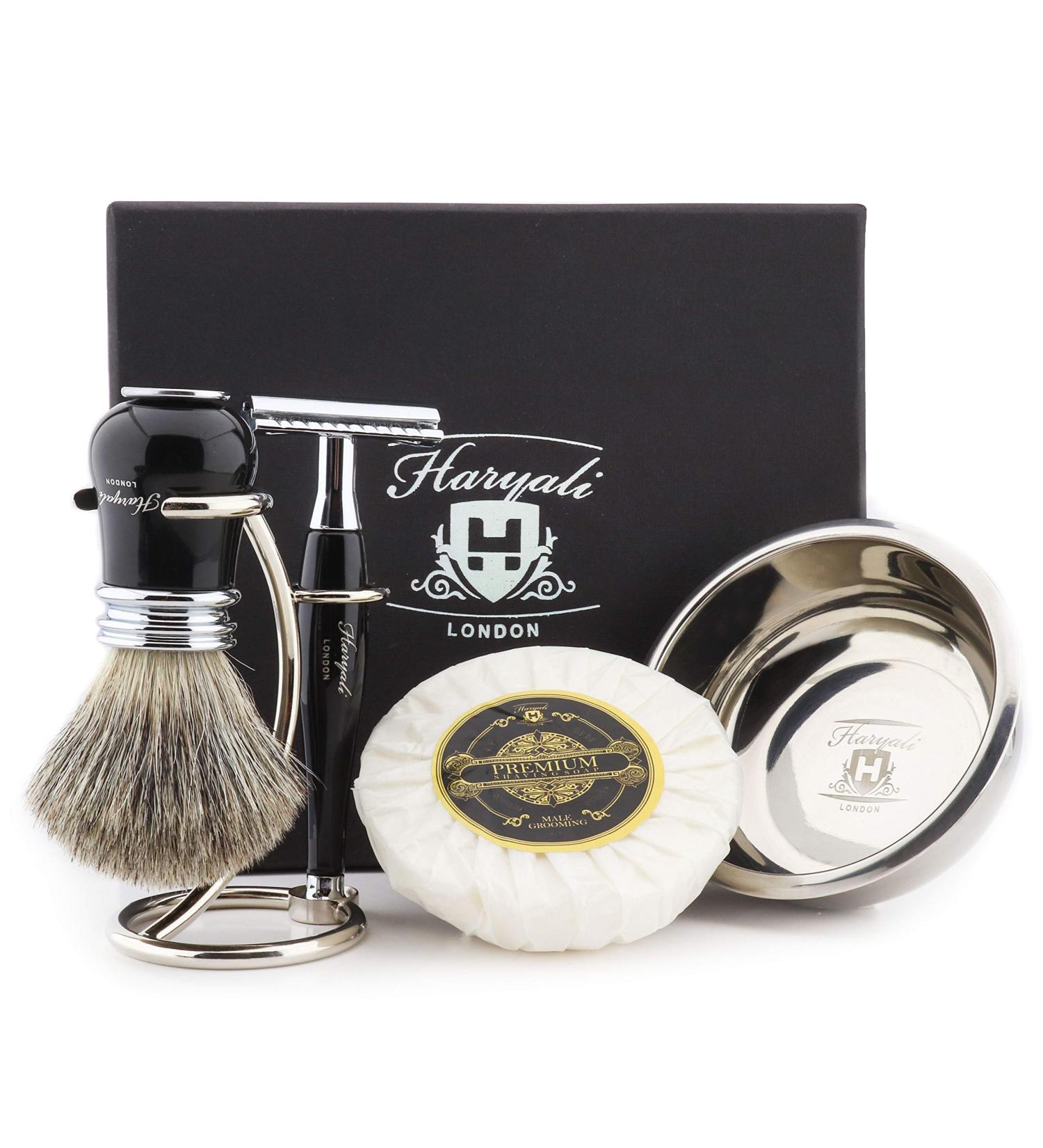 Haryali London Men's 5 Piece Shaving Set - Double Edge Safety Razor Badger Hair Brush Stand Soap & Bowl | International Shipping Available - Buy Online on GoSupps.com
