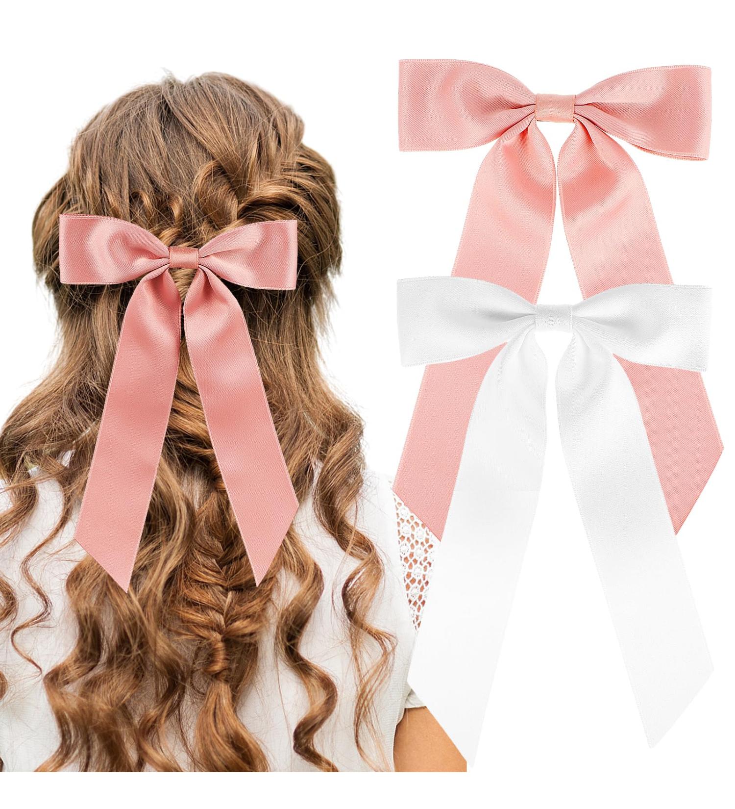 Ouligay 2Pcs Hair Bows for Women Satin Hair Ribbon Bows for Hair Ribbon Clips With Long Tail White Pink Bows Hair Clip Hair Barrettes Ponytail Holder Hair Accessories for Women Girls - Buy Online on GoSupps.com