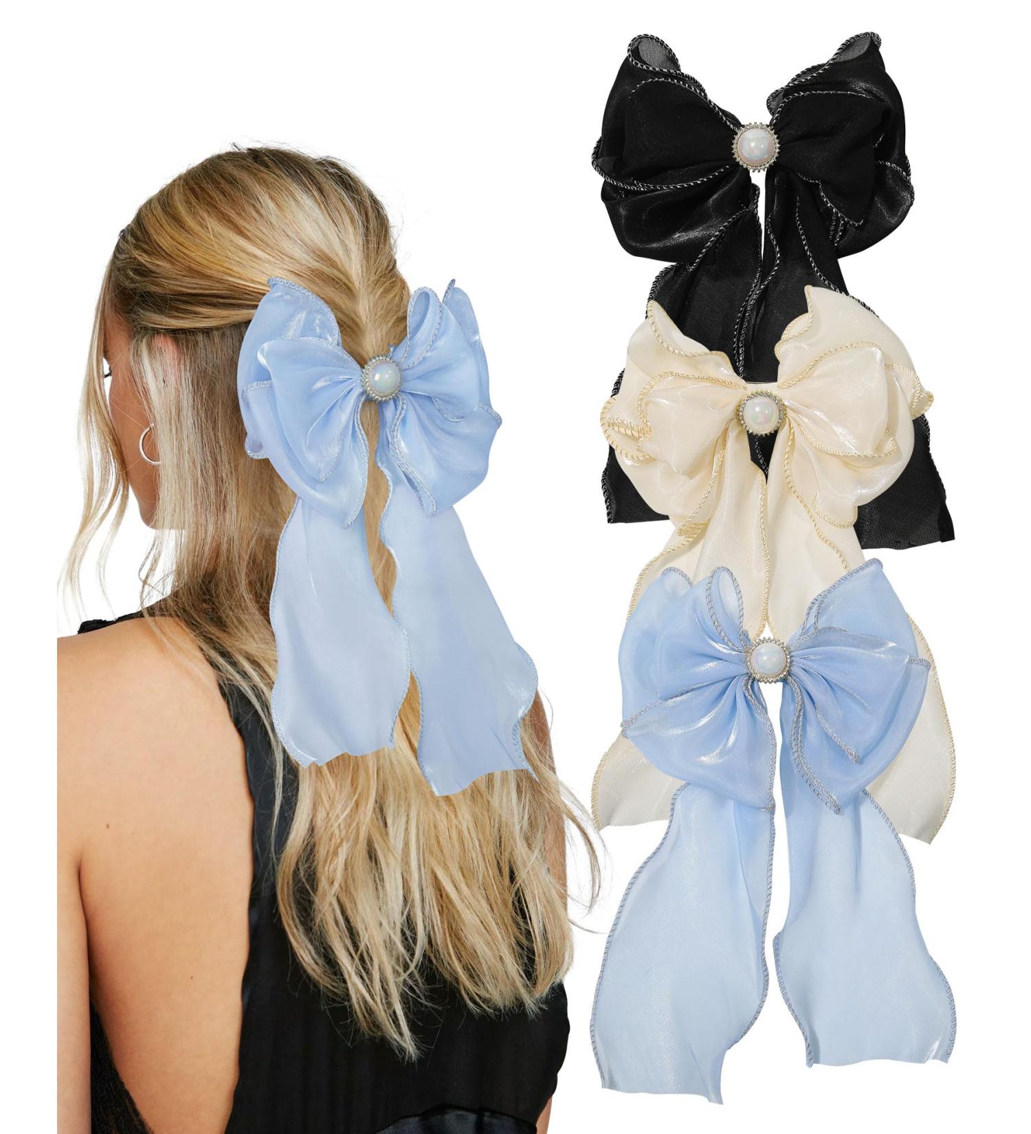 Silky Satin Big Bow Hair Barrette Set - 3PCS Champagne/Blue/Black Hair Clips for Women and Girls - Buy Online on GoSupps.com
