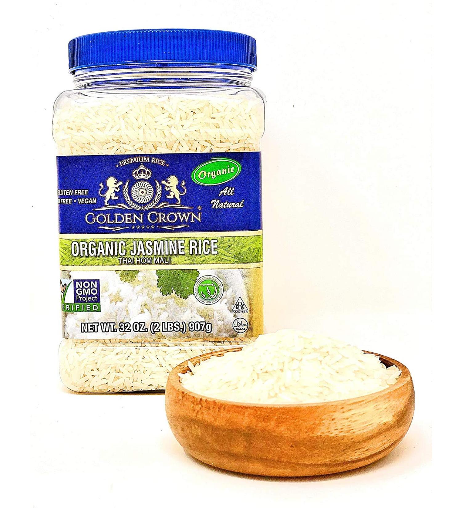 Golden Crown Organic White Jasmine Rice 32 Oz - Premium Quality | Non-GMO Gluten-Free | Naturally Fragrant Sweet Flavor | Extra Long Grain Thai HOM Mali Halal - Buy Online on GoSupps.com
