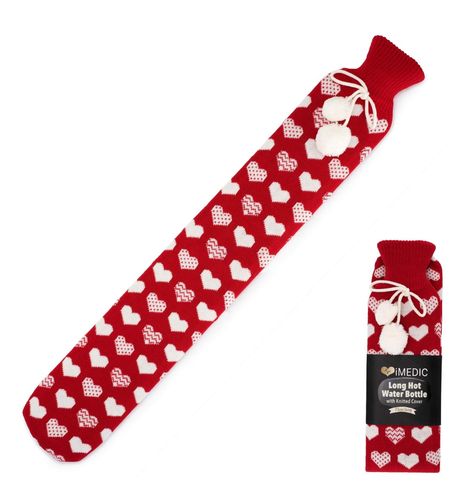 iMedic 2L Extra Long Hot Water Bottle with Super Soft Fleece Cover - Large UK Hot Water Bottle with Knitted Hearts Design - Buy Online on GoSupps.com