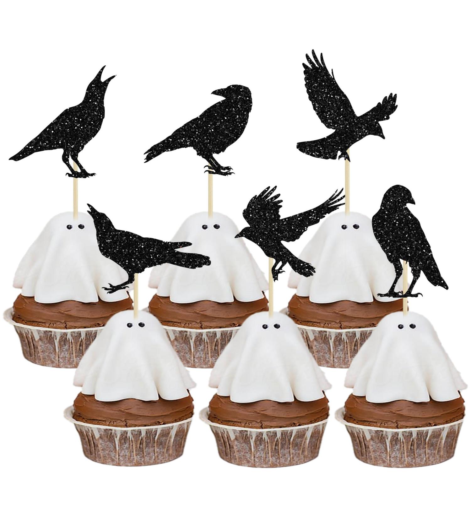 24Pcs Black Crow Cupcake Toppers Glitter Raven Halloween Cupcake Picks for Horror Crow Halloween Theme Birthday Party Cake Decorations Supplies - Buy Online on GoSupps.com