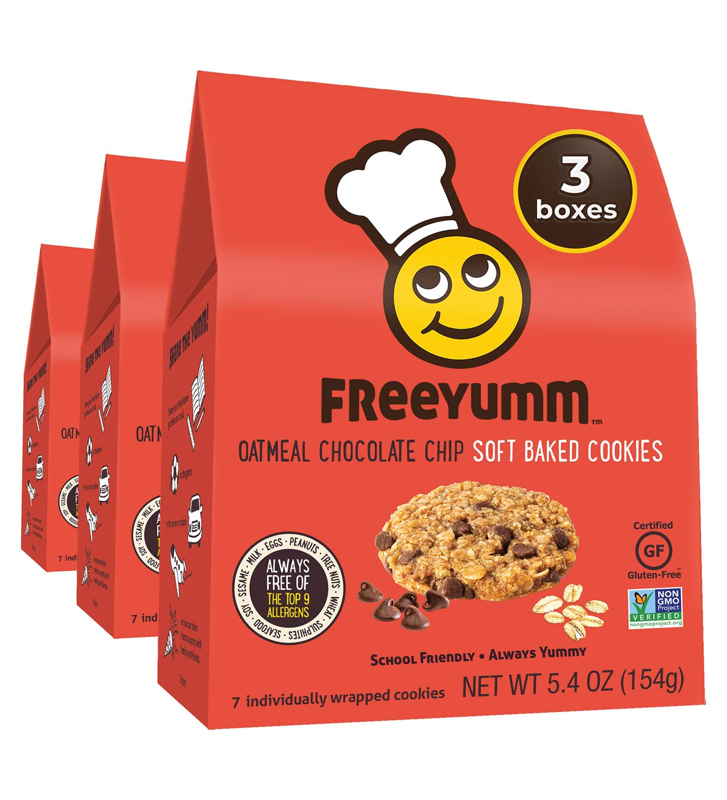 FreeYumm Oatmeal Chocolate Chip Soft Baked Cookies - Gluten-Free Plant-Based Snacks (Pack of 3) | Allergy-Friendly & Safe for School - 21 Individually Wrapped Cookies - Buy Online on GoSupps.com