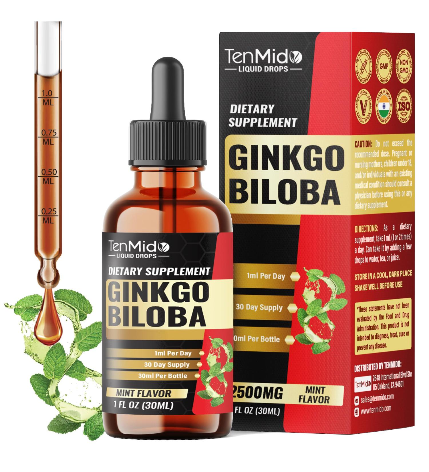Tenmido Ginkgo Biloba 2500mg - Herbal Extract Liquid Supplement | Alcohol-Free Vegan Non-GMO - 30ml 1 Fl OZ - Buy Online on GoSupps.com