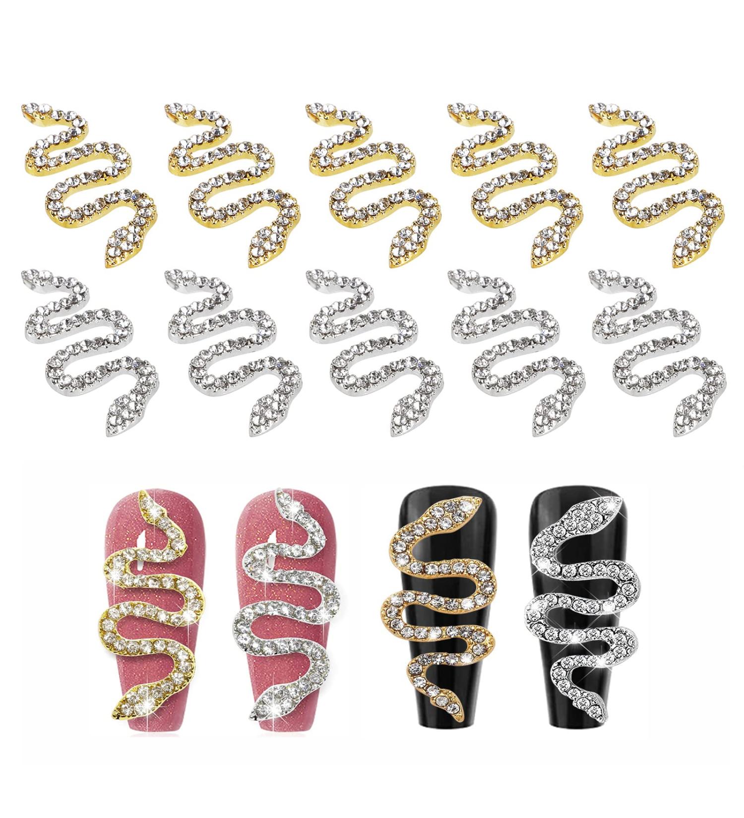 MWOOT 10 Piece 3D Snake Nail Charms Set - Gold & Silver Snake Wave Jewelry Gems Nail Art Kit for Women, Girls, Manicure Salon - Rhinestones Nail Decorations - Buy Online on GoSupps.com