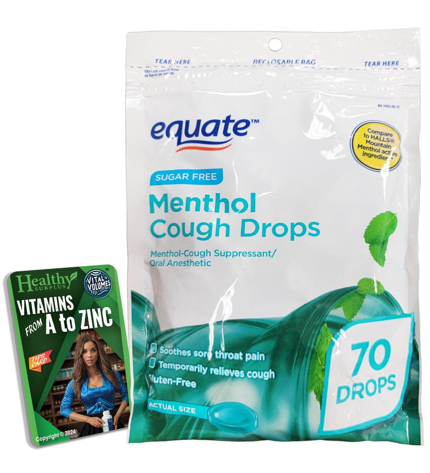 Healthy Surplus Equate Menthol Cough Drops - 70 Drops and Vital Volumes Tips Card Bundle - Buy Online on GoSupps.com