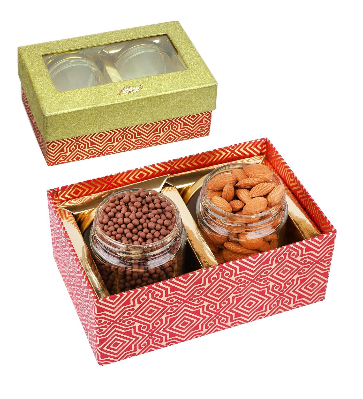 Jaiccha Ghasitaram Dryfruits Hamper- box with 2 Jars of Almonds and Choco Coated Rice Crispies |Gift for Diwali Holi Rakhi Valentine Christmas Birthday Anniversary Her Him| - Buy Online on GoSupps.com