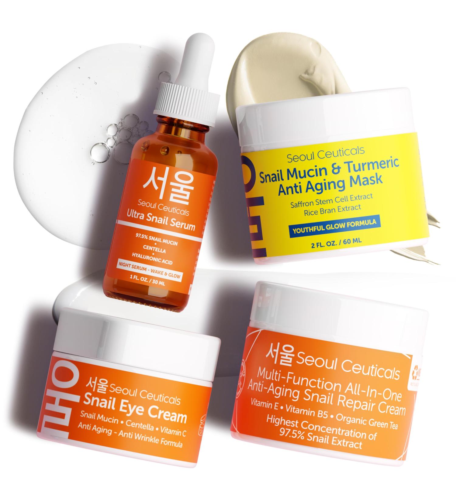 Korean Skin Care Set - Snail Mucin Glow Kit Contains Snail Hyaluronic Acid Serum + Snail Turmeric Mask + Snail Eye Cream + Snail Face Cream Moisturizer - Buy Online on GoSupps.com