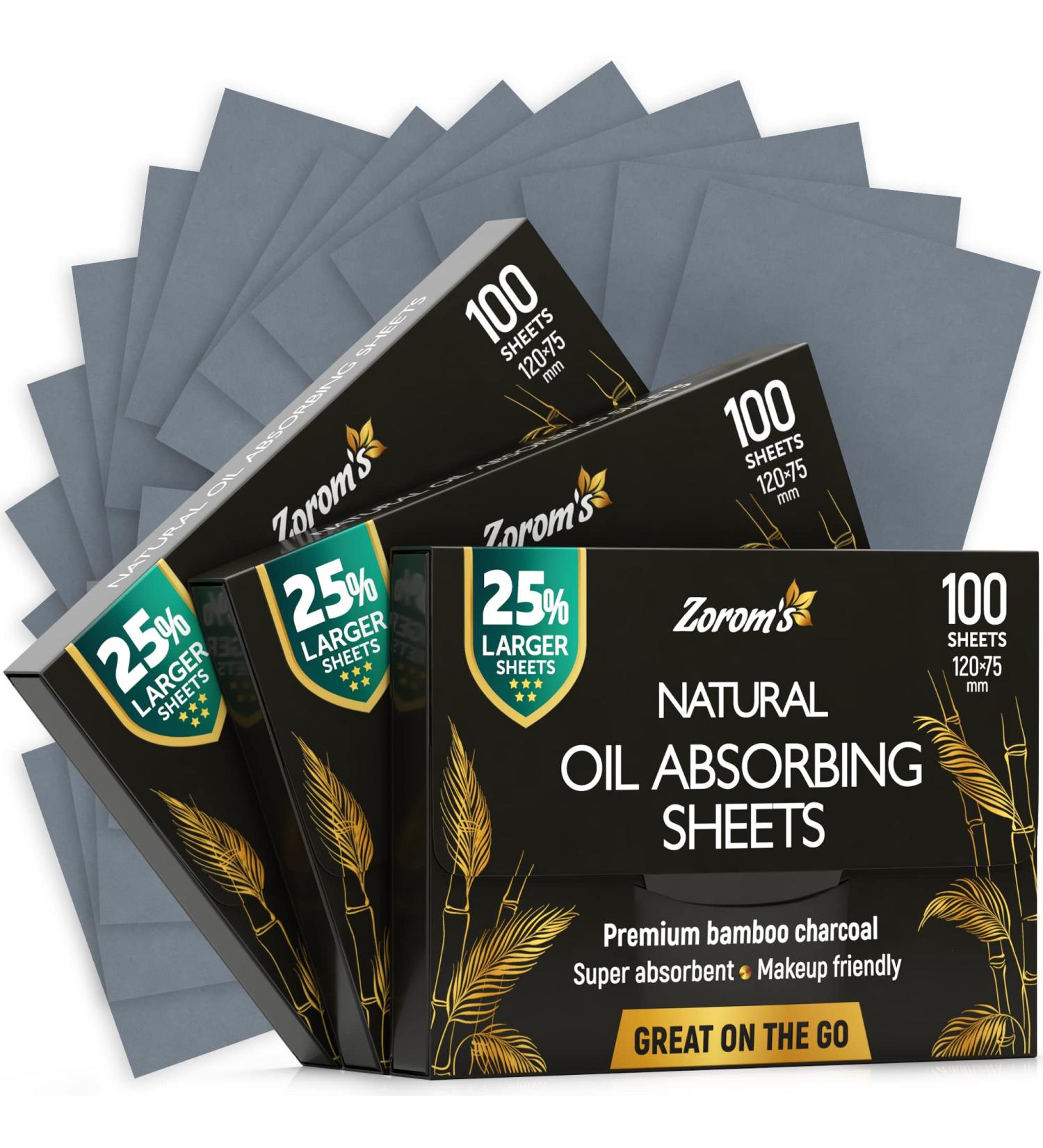 Natural Bamboo Charcoal Oil Blotting Sheets for Oily Skin - 3pk/300 Makeup-Friendly Sheets - 25% Larger Size - Easy Grab Dispenser - 3 Pack - Buy Online on GoSupps.com