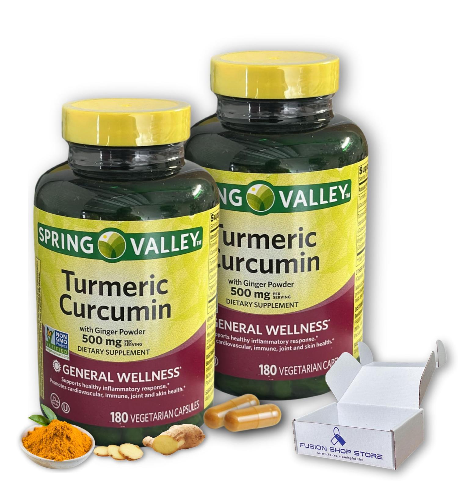 Turmeric Curcumin with Ginger Powder- 500mg Vegetarian Capsules 180ct (Pack of 2) Boxed by Fusion Shop Store - Buy Online on GoSupps.com