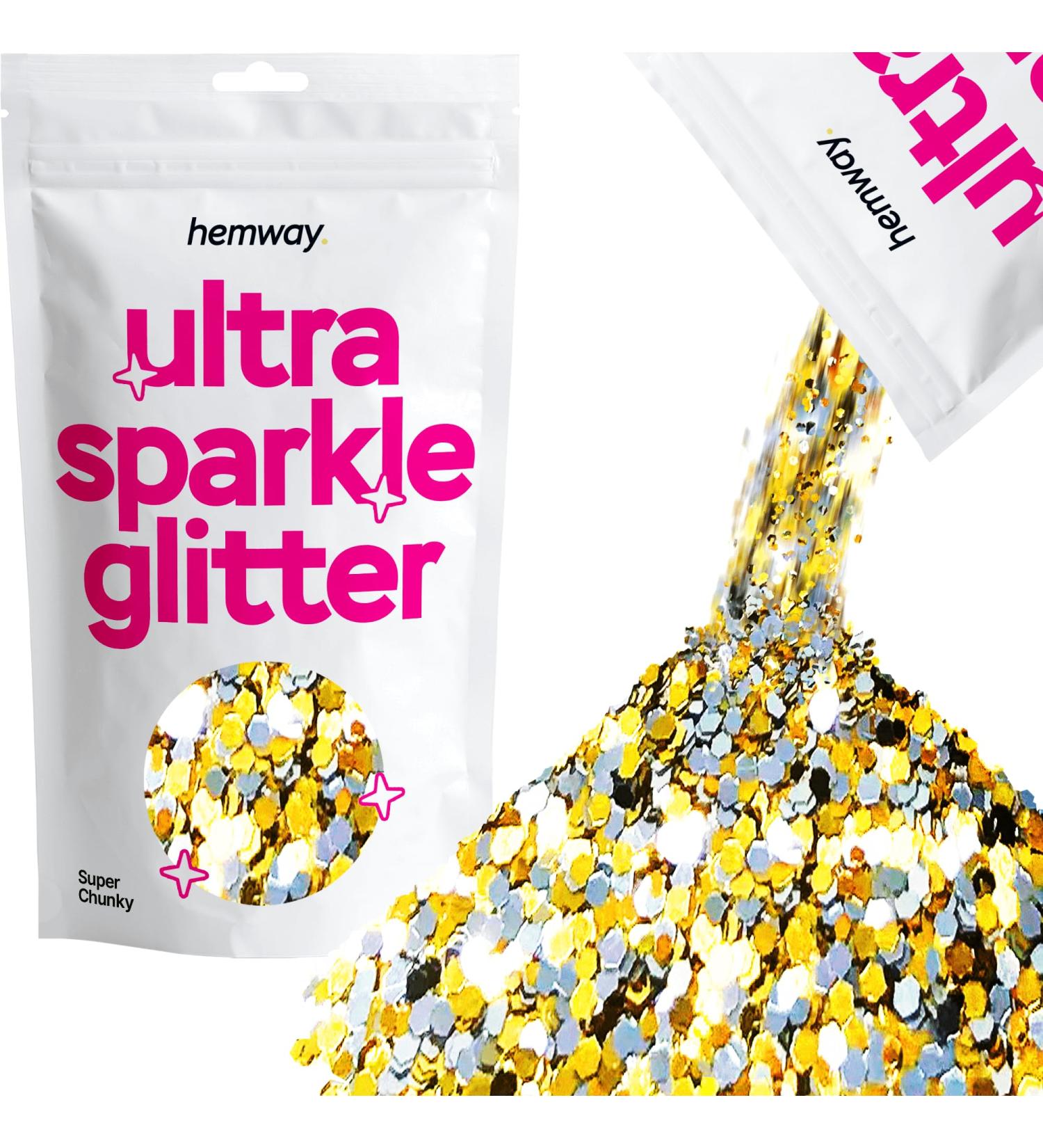 Hemway Premium Ultra Sparkle Glitter - Multi-Purpose Metallic Flake for Arts Crafts Nails Cosmetics - Gold Silver Super Chunky (100g) - Perfect for Festivals & Face/Hair Applications - Buy Online on GoSupps.com