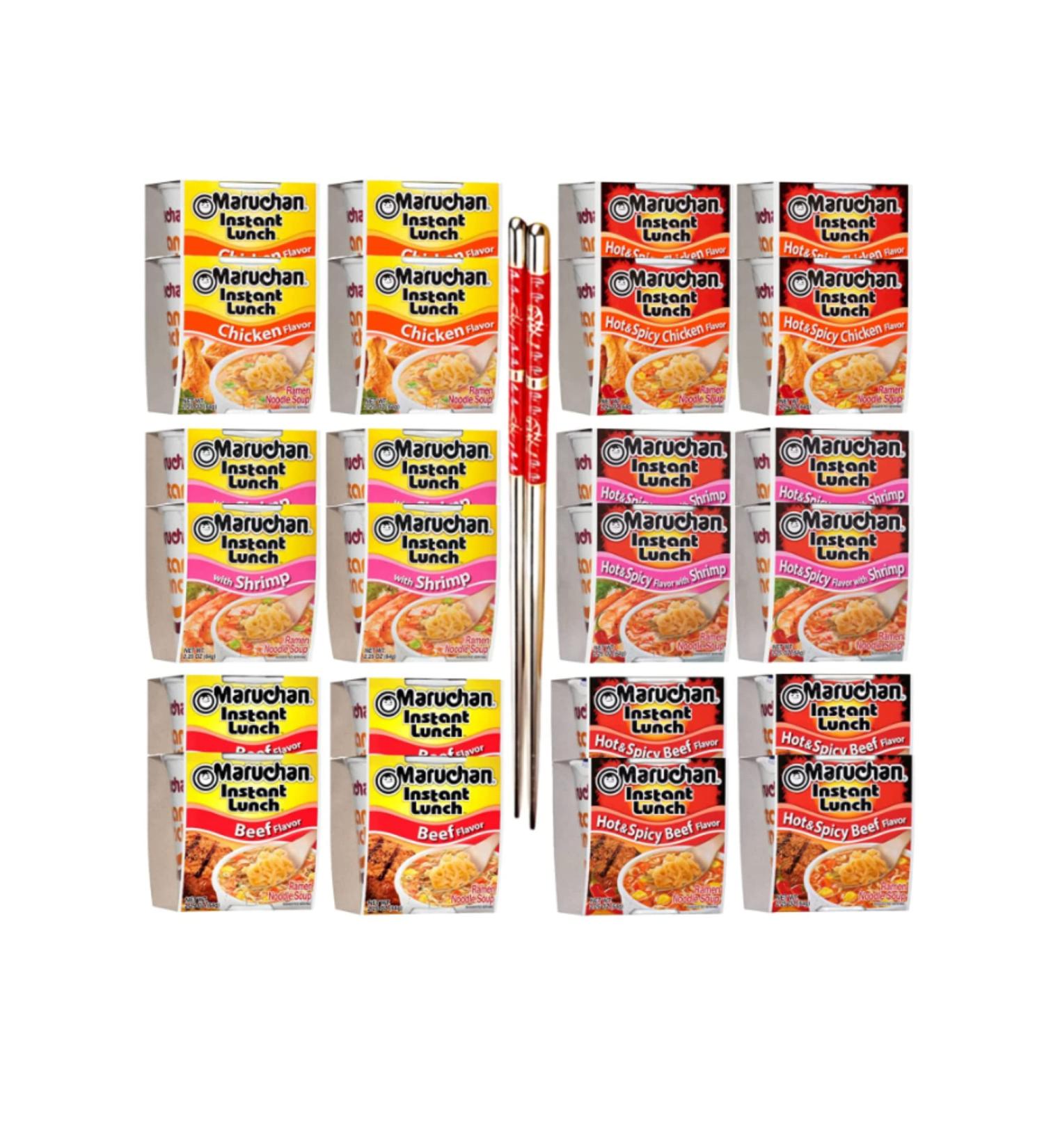 Ja Cor Instant Lunch Ramen Noodles Variety Pack- 6 Flavors: Chicken Beef Shrimp Hot and Spicy Chicken Beef Shrimp Cup Noodle Soup Bundle with 1-Set of Reusable Chopsticks(4 Each Flavor 24 Packs) - Buy Online on GoSupps.com