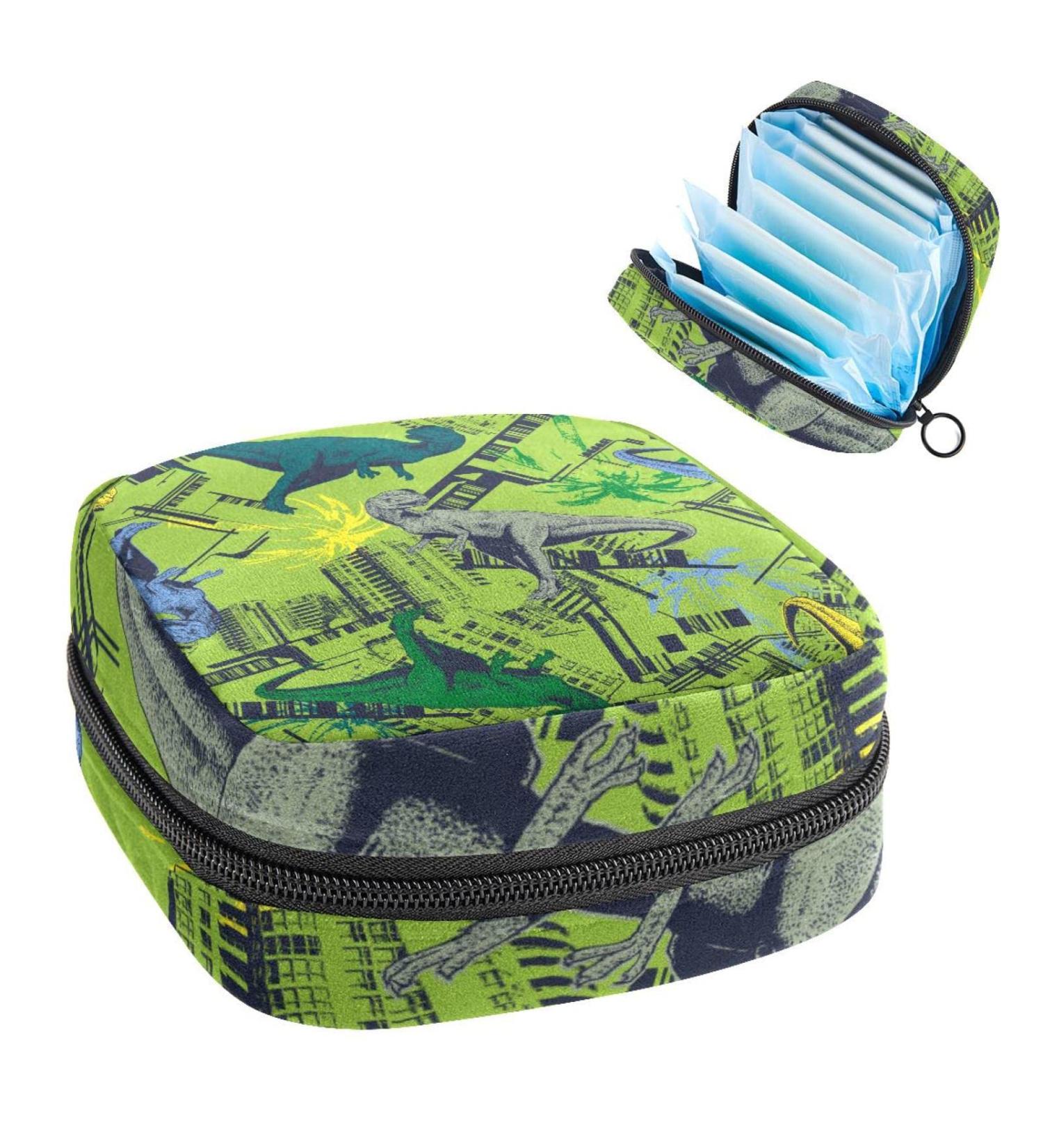 Women's Portable Period Kit - Dinosaur Green Pattern Storage Bag with Pockets | Ideal for Girls & Women - Buy Online on GoSupps.com