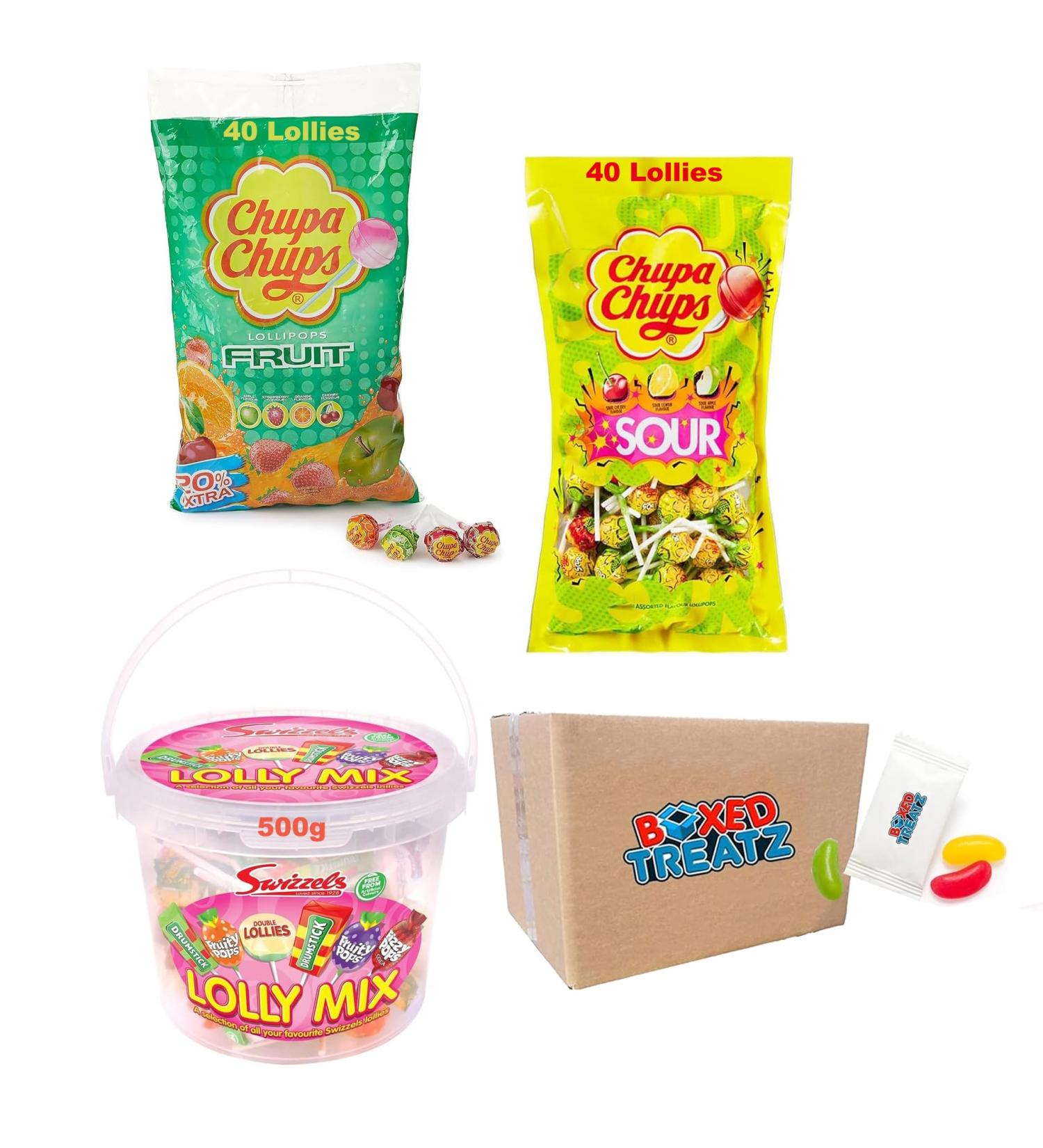 Chupa Chups Sour Lollipops 40x + Chupa Chups "The Best Of" Lollipops 40x + Swizzels Matlow Lolly Mix 500g Boxed Treatz - Buy Online on GoSupps.com