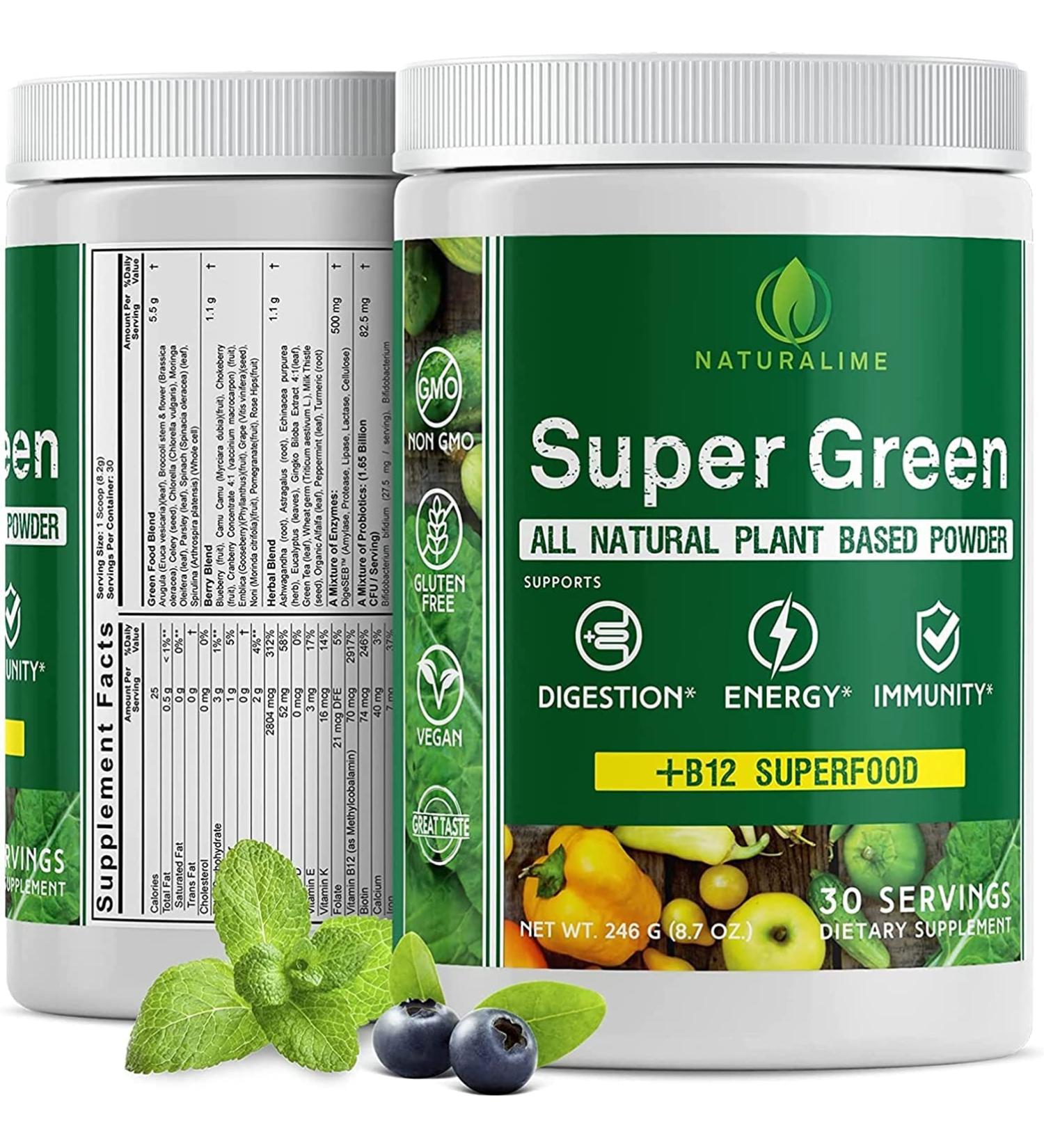 Naturalime Super Greens Powder - Whole Foods Blend with Spirulina, Chlorella, Vitamin B12 - Vegan Drink & Smoothie Mix with Enzymes, Probiotics, Acai Berry & Camu Camu - Buy Online on GoSupps.com