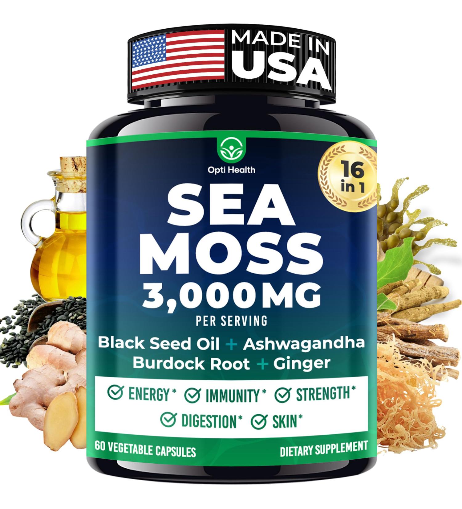 Sea Moss Black Seed Oil Ashwagandha Ginger - Advanced Irish Sea Moss Capsules All in One Supplement with Seamoss Black Seed Oil Ashwagandha Burdock Root Bladderwrack - Pills for Energy, Immune, Gut - Buy Online on GoSupps.com