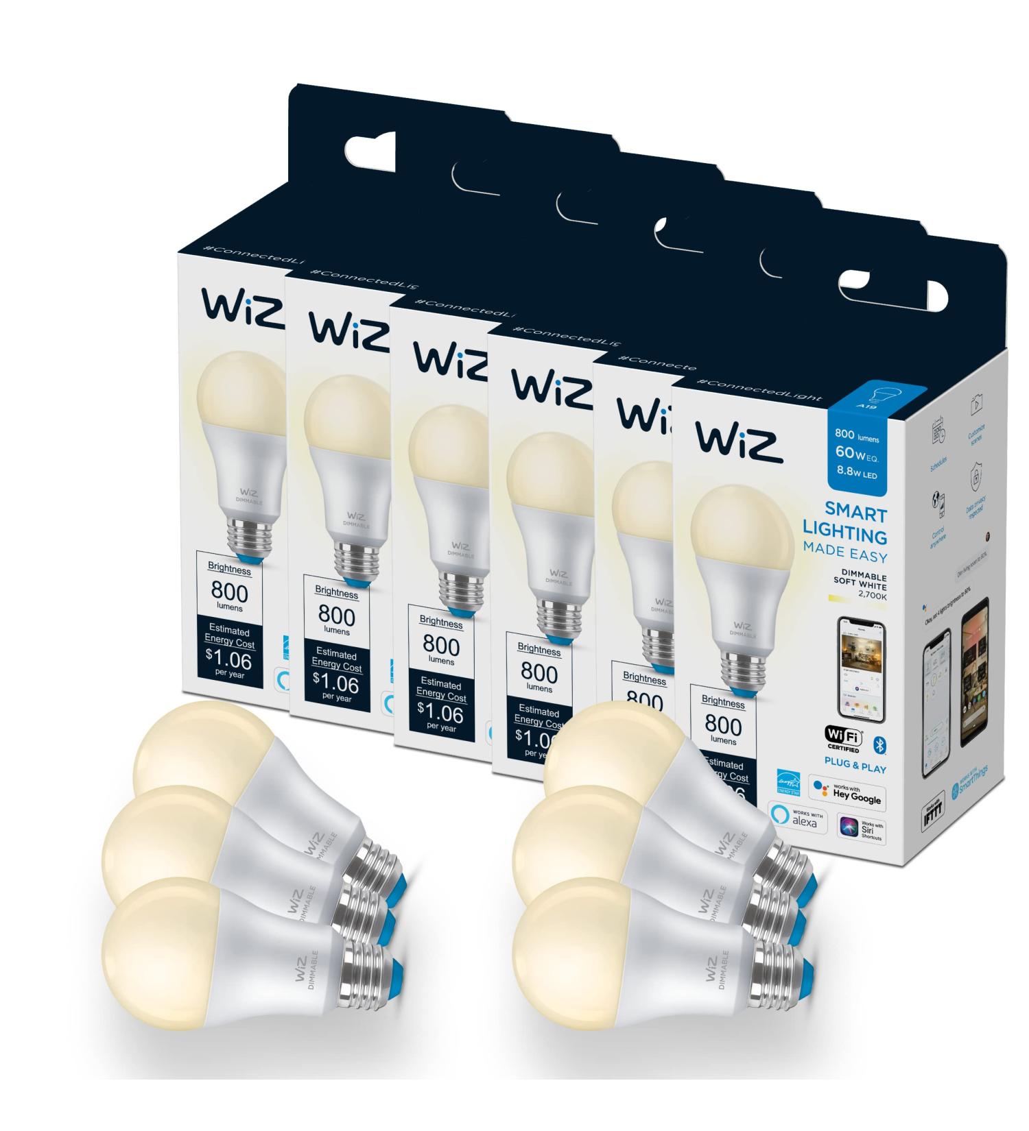 WiZ Connected 6-Pack Smart WiFi Light Bulb 60W Dimmable 2700K - Alexa & Google Home Compatible - No Hub Required - 6 Bulbs - Buy Online on GoSupps.com