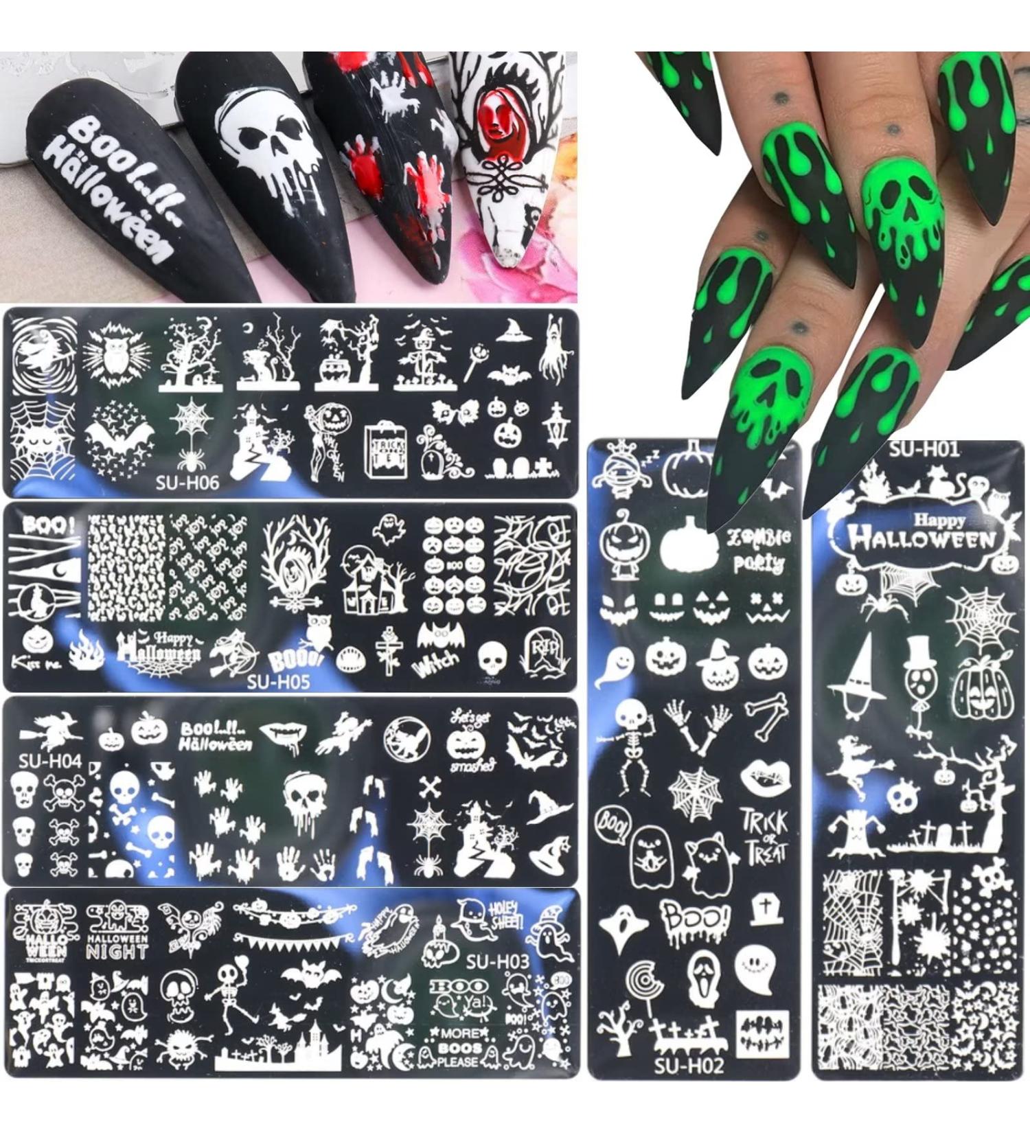 6Pcs Halloween Nail Stamping Plates - Pumpkin, Grimace, Skull Eye Designs | Holiday Party Manicure Stencils - Buy Online on GoSupps.com
