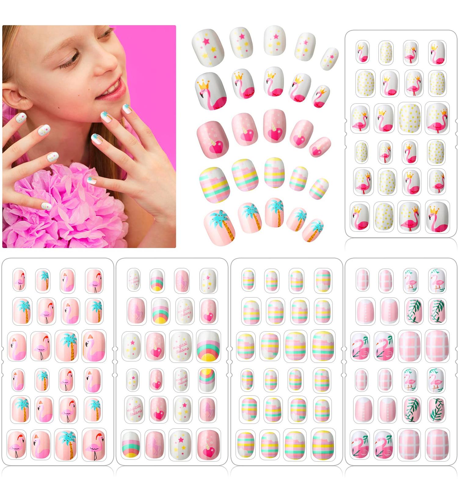 120 Pack Girls Fake Nails - Rainbow & Flamingo Full Cover Short Artificial Nail Tips for Kids - Nail Art Decoration - Buy Online on GoSupps.com