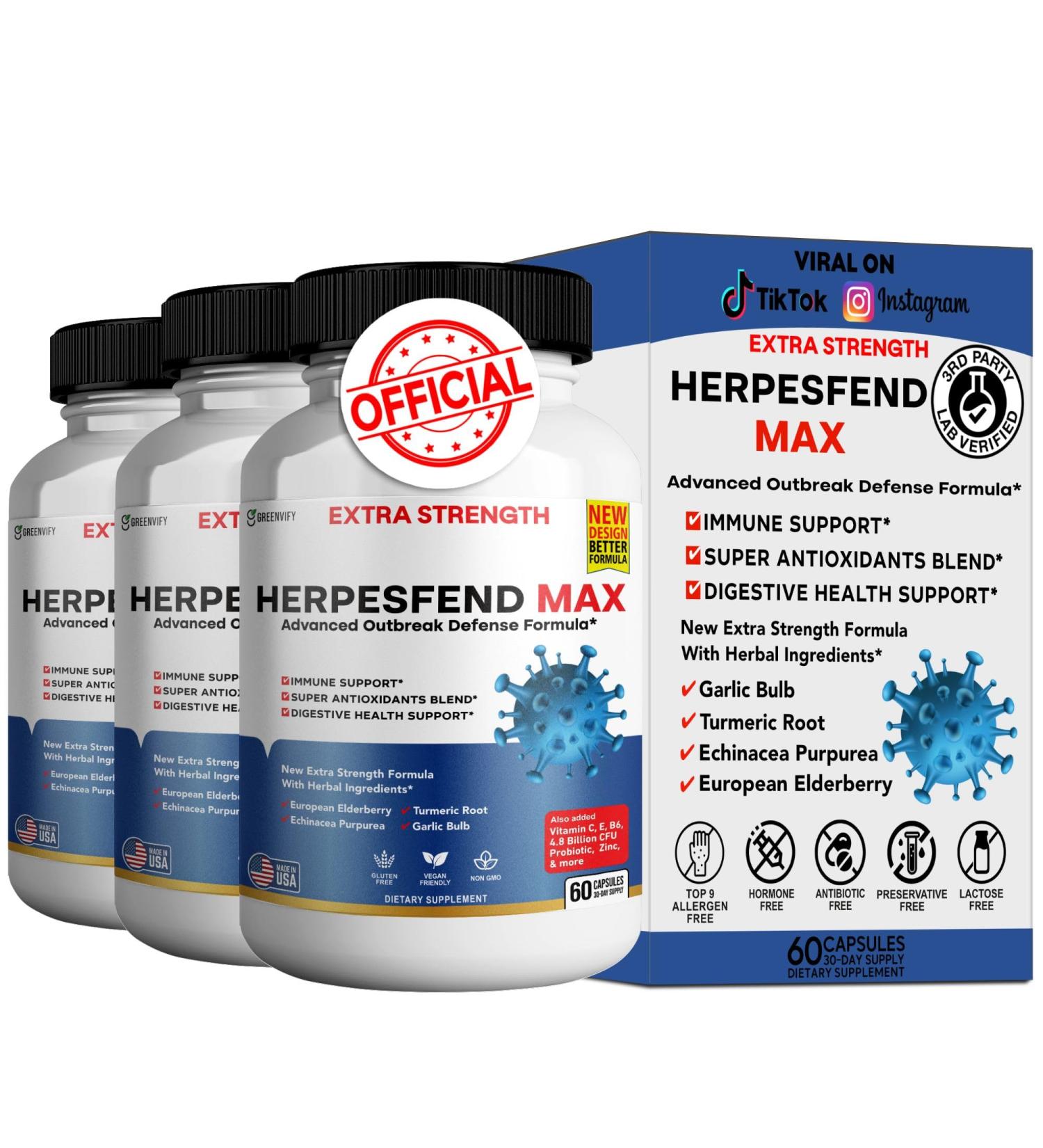HerpesFend Max Extra Strength Advanced Defense Formula 60 Capsules with Elderberry Echinacea Turmeric Garlic Vitamins and Probiotics (3) - Buy Online on GoSupps.com