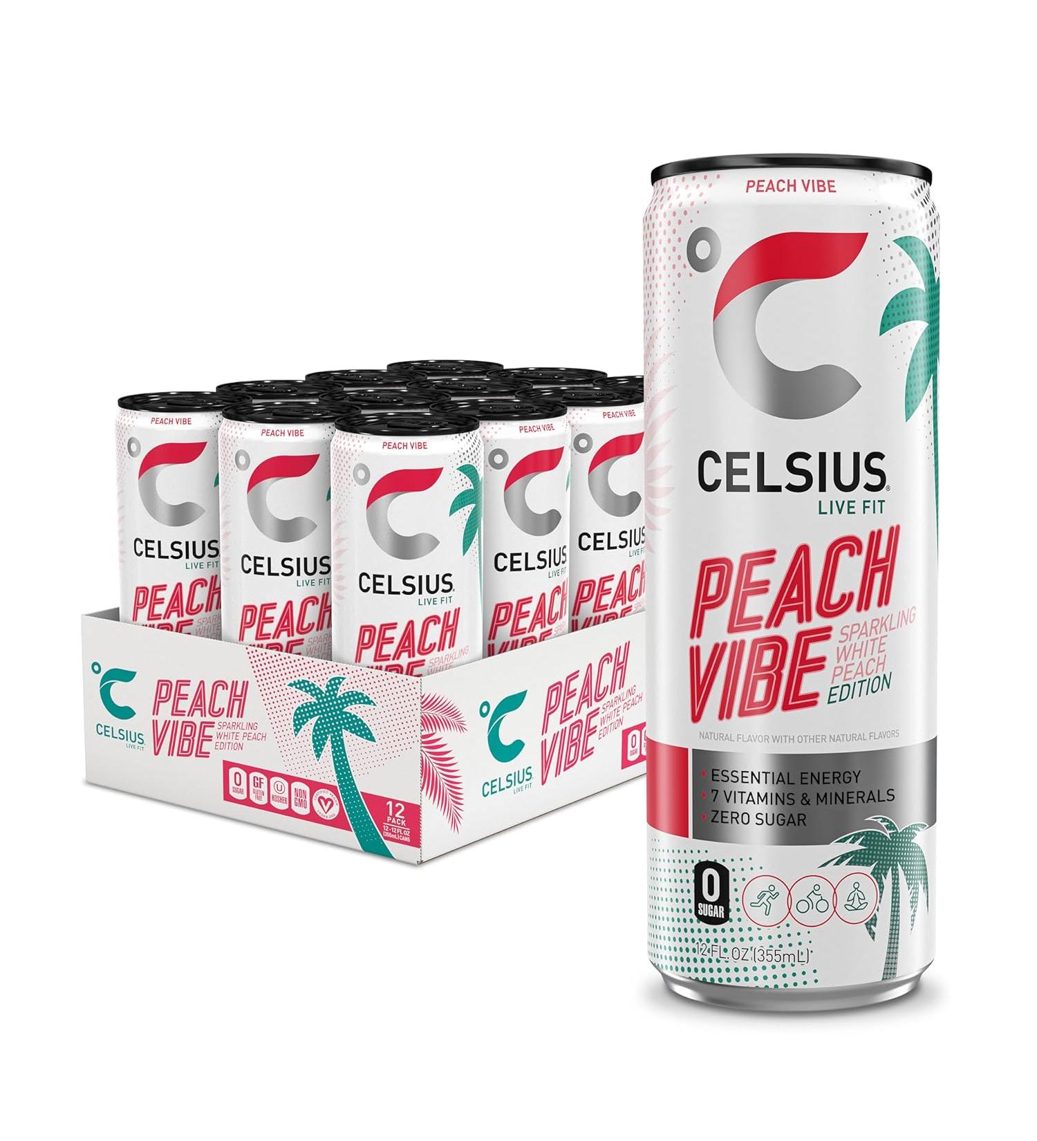 CELSIUS Peach Vibe Sugar Free Energy Drink - Energy Drink with 7 Vitamins & 1 Mineral and No Artificial Flavours or Colours (Pack of 12 x 355ml - 114mg of Caffeine Per Can) - Buy Online on GoSupps.com