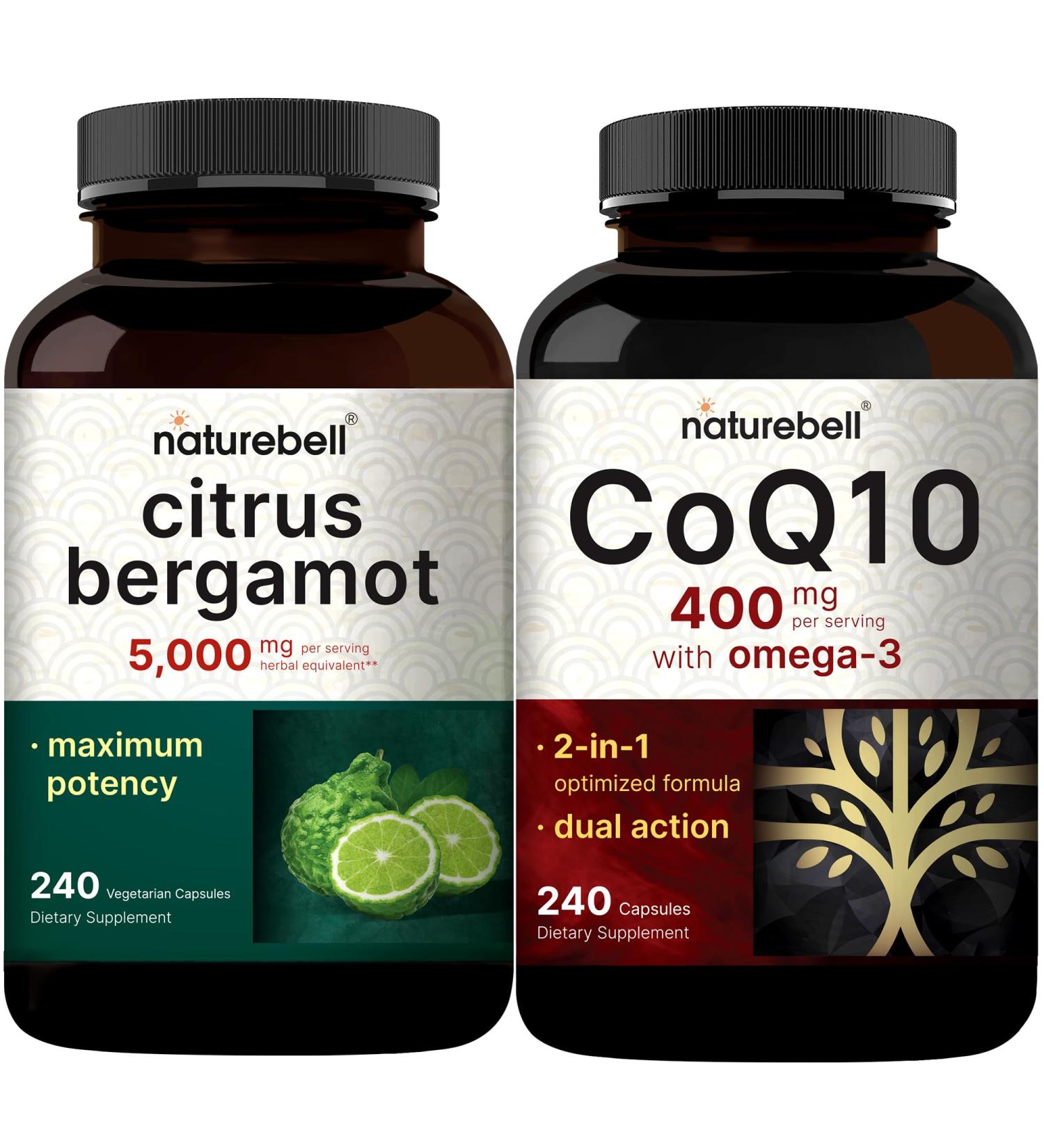 NatureBell CoQ10 400mg Capsules with Omega 3 Fatty Acids & Citrus Bergamot Veggie Capsules 5,000 mg Equivalent Bundle Pack | Stable High Absorption Form | High Antioxidant Level - Buy Online on GoSupps.com