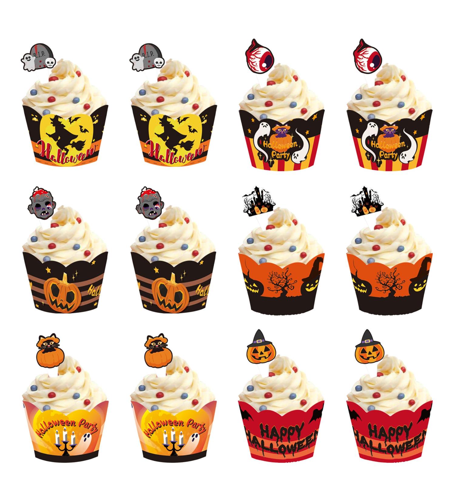 Halloween Cupcake Toppers Wrappers Set - 24 Pieces of Ghoulish Cake Decorations in Pumpkin Bat and Ghost Designs - Creepy Cake Decorating Kit for Halloween Party Supplies Cake Accessories - Buy Online on GoSupps.com