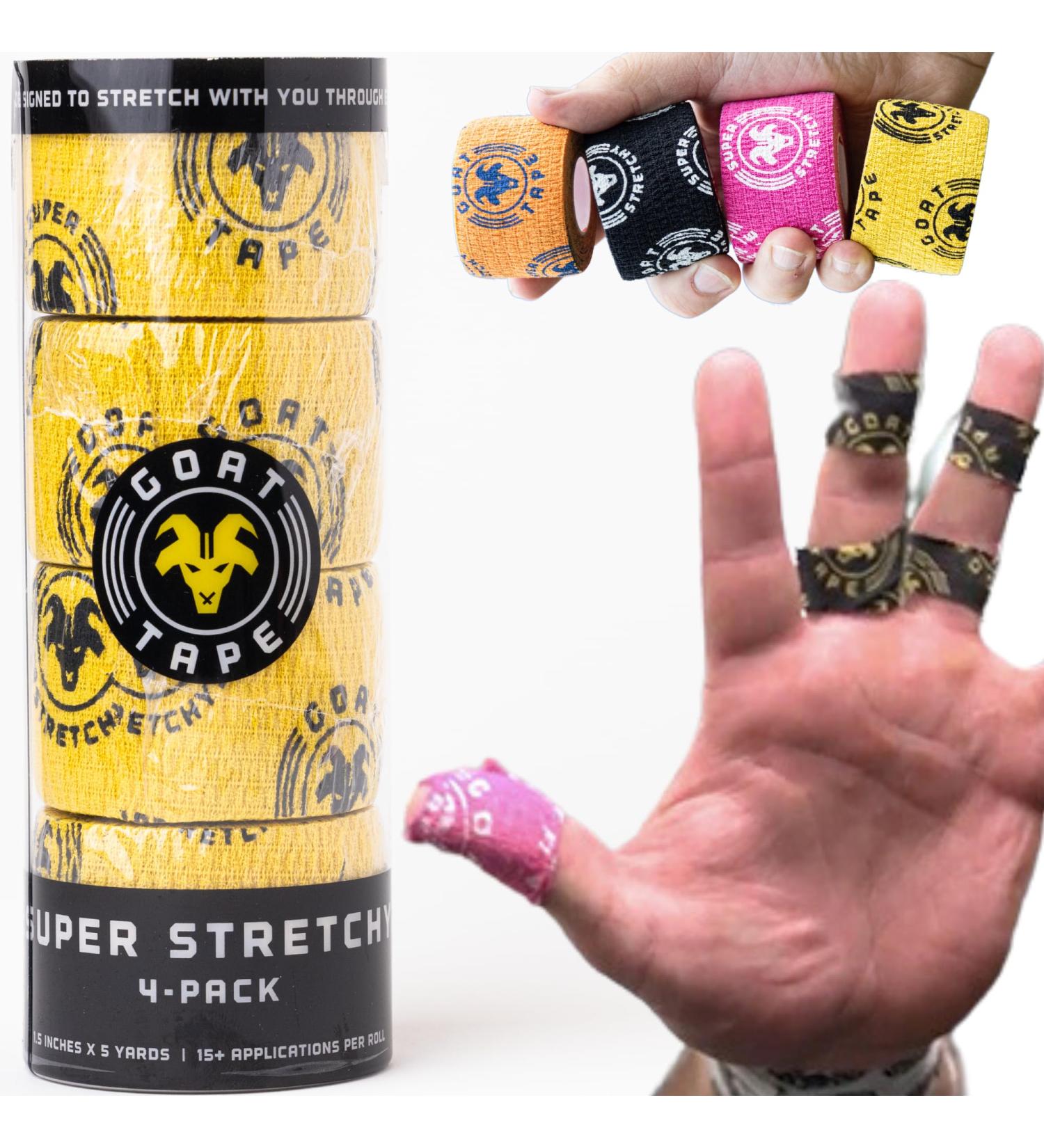 Super Stretchy Thumb Tape - 15ft Hook Grip & WOD Tape for Weightlifting Cross Training & Gym Workouts | Flexible Athletic Finger Wrap - Yellow 4-Pack - Buy Online on GoSupps.com