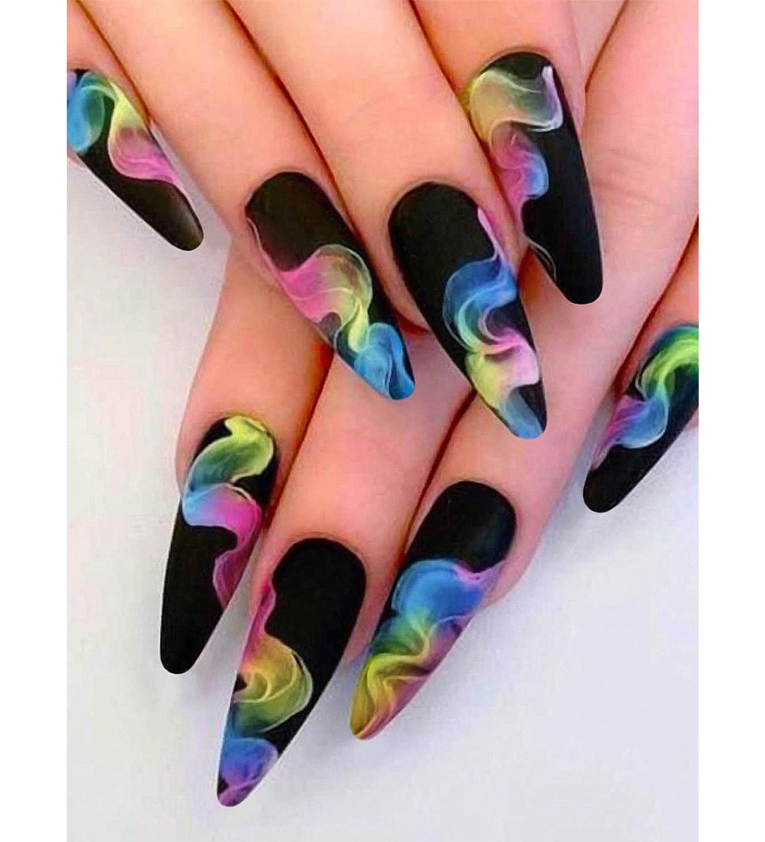 24pcs Rainbow Black Coffin Fake Nail Black Striped Press on Nails Rainbow Black Coffin Nails Luxurious Nails Acrylic Nails Fake Nails For Women Girls - Buy Online on GoSupps.com