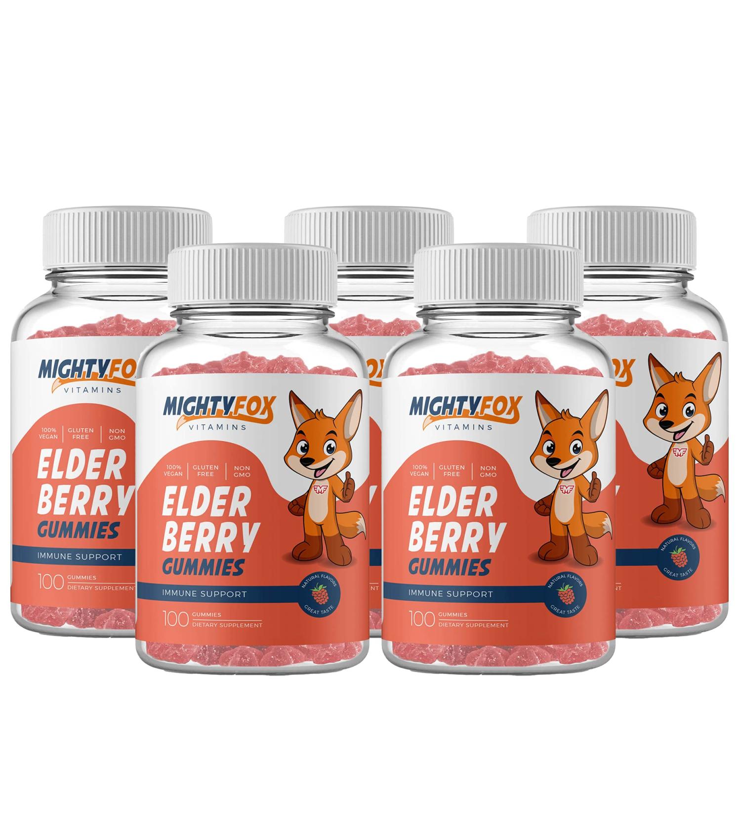 MIGHTY FOX VITAMINS Elderberry Gummies with Sambucus Echinacea Propolis and Vitamin C - 100% Vegan Gluten Free Non GMO Raspberry Flavor - 100 Count (5-Pack) - Buy Online on GoSupps.com