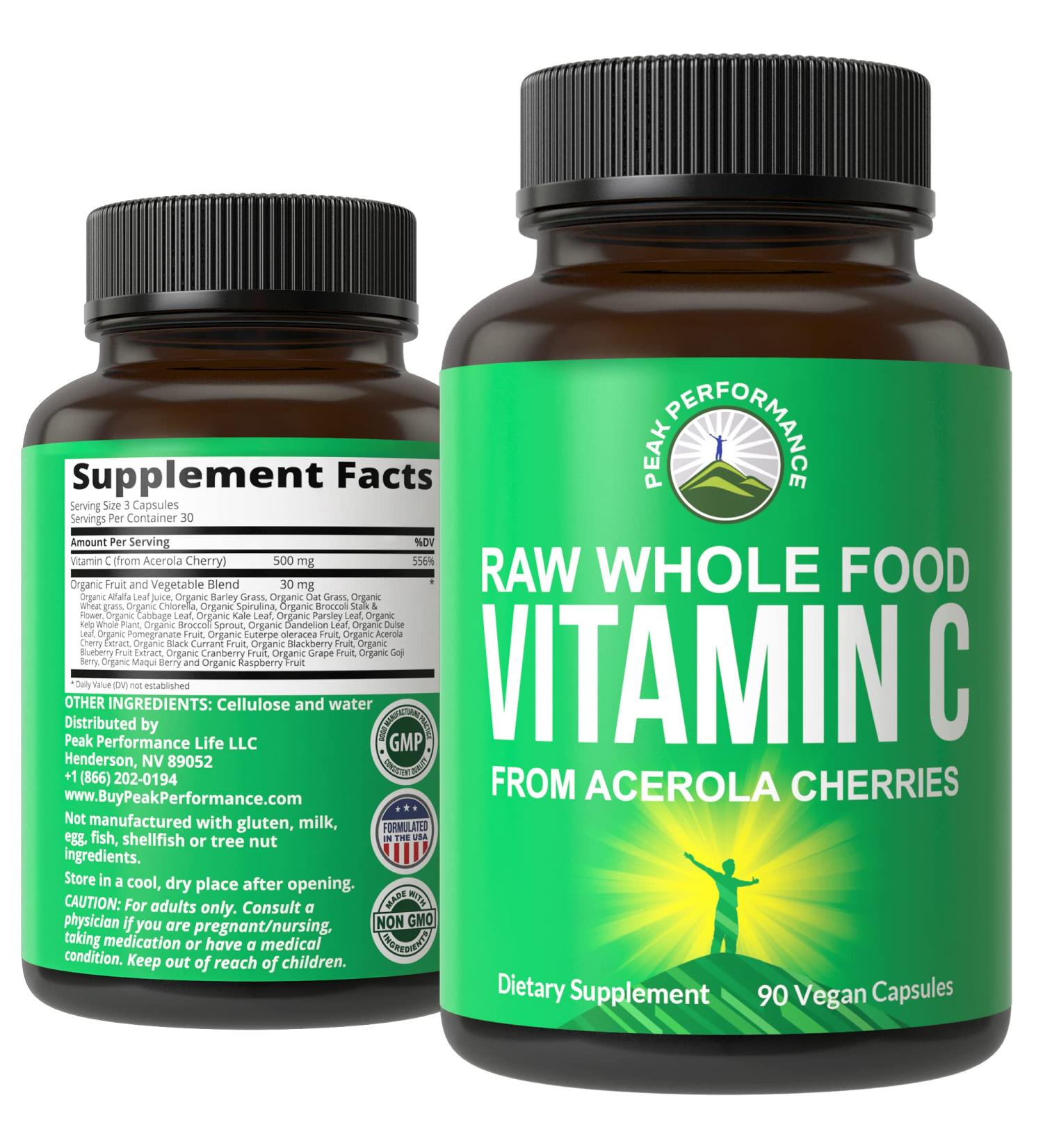 Peak Performance Raw Whole Food Natural Vitamin C Capsules - Vegan USA Sourced Supplement - 90 Pills, 500mg or 1000mg Dual Serving - Buy Online on GoSupps.com