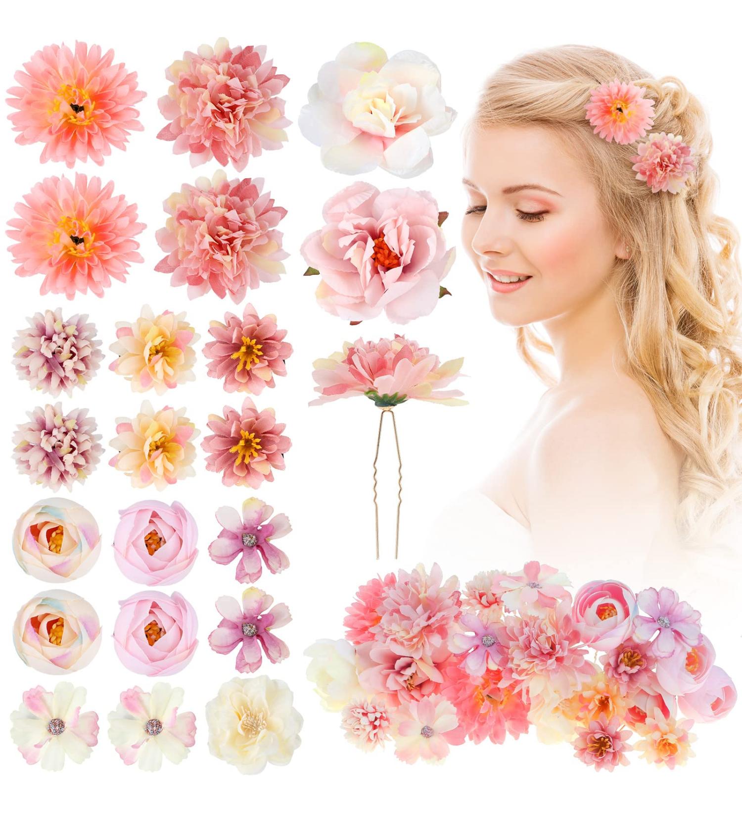 21 Pcs Flower Hair Pins Set - Elegant Bride Head Rose Floral Pins for Wedding & Birthday - U Shaped Decorative Accessories in Pink & Purple - Buy Online on GoSupps.com