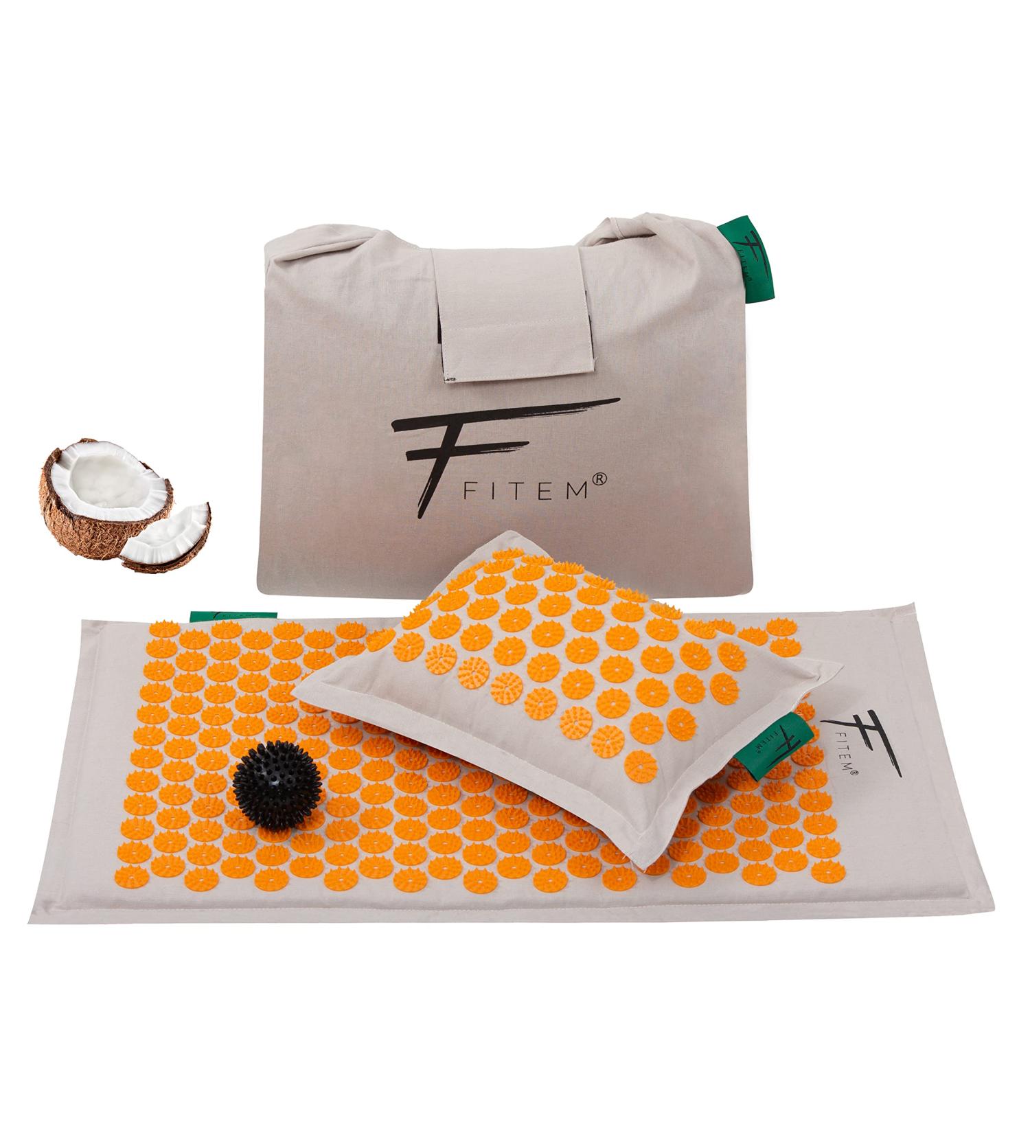 Fitem Acupressure Mat with Pillow - 100% Natural Coconut Filling for Back & Neck Pain Relief Sciatica & Muscle Relaxation - Orange Massage Mat for Sleep Aid and Relaxation - Buy Online on GoSupps.com