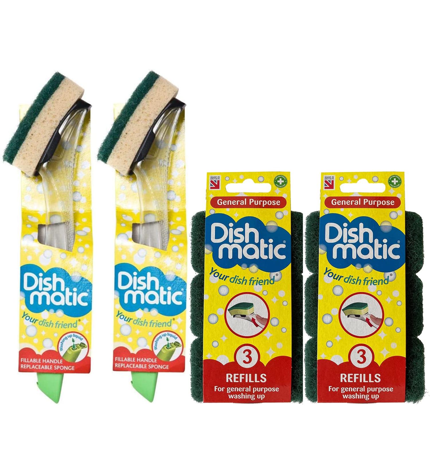 Dishmatic Fillable Washing Up Brush with Sponge + 6 Refills - Easy Grip Dish Cleaner - Buy Online on GoSupps.com