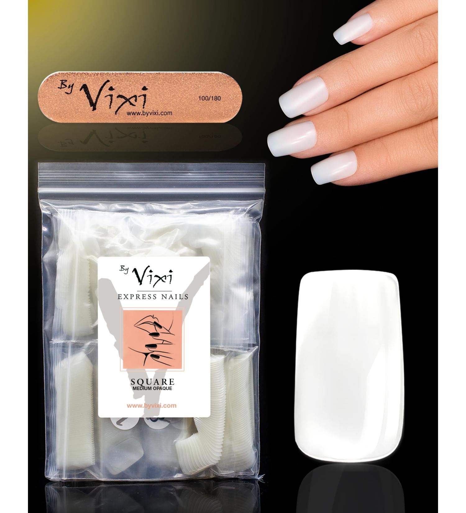 Vixi 600 Medium Square Nail Set with Prep File | 10 Sizes Opaque Express Full Cover False Fingernail Extensions for Salon & Home Use - Buy Online on GoSupps.com