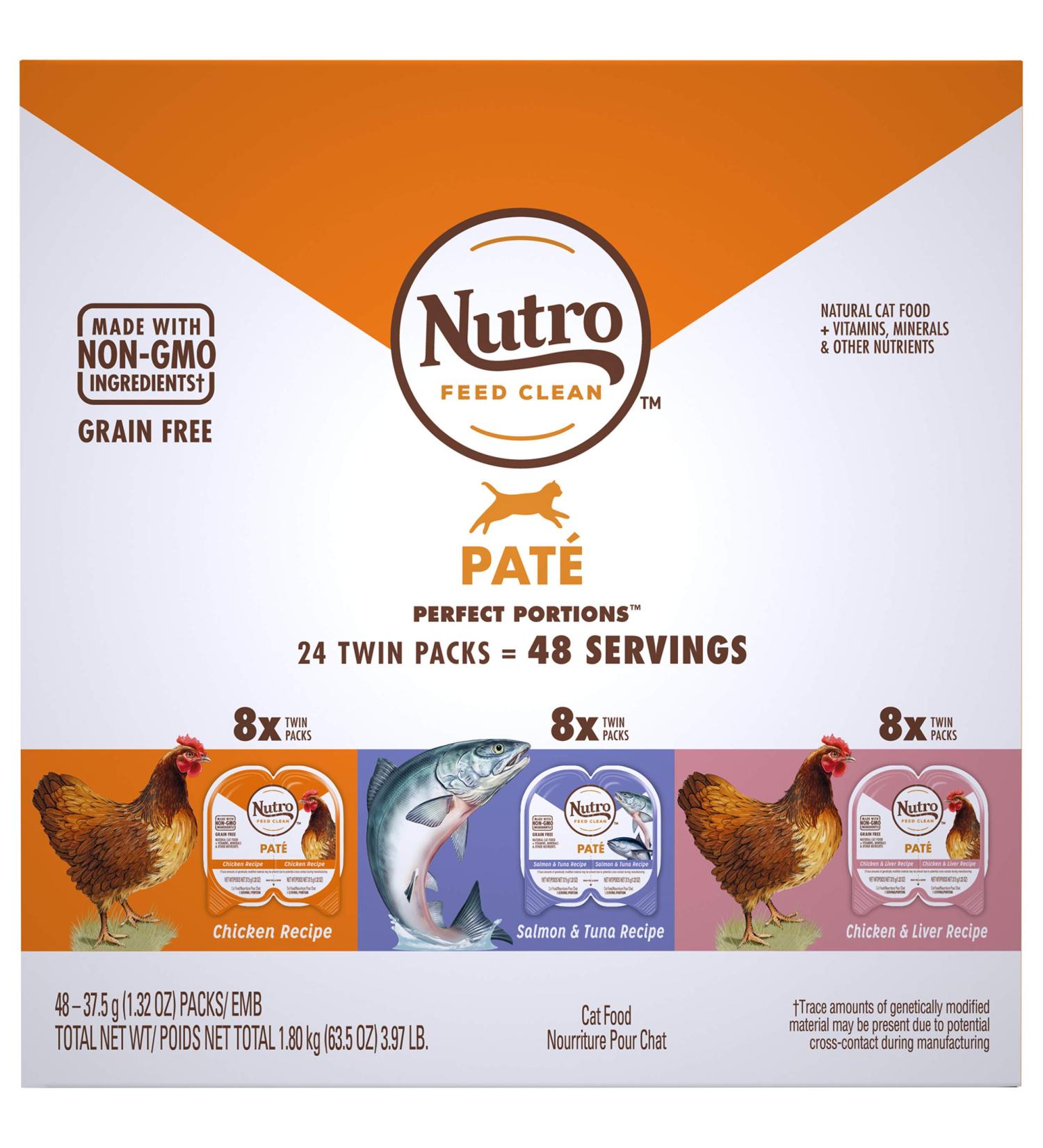 NUTRO Perfect Portions Grain-Free Wet Cat Food Variety Pack - Chicken, Salmon, Chicken Liver - 48 Twin Packs (1.32oz each) - Buy Online on GoSupps.com