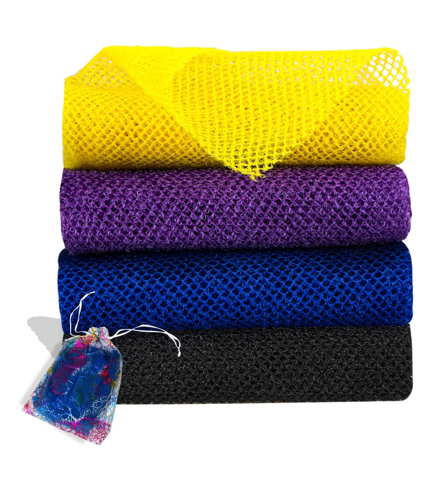 African Exfoliating Net Sponge Set - 4PCS Bath & Body Scrubber for Daily Exfoliation - Long Nylon Shower Sponge in Blue, Black, Yellow & Purple - Buy Online on GoSupps.com