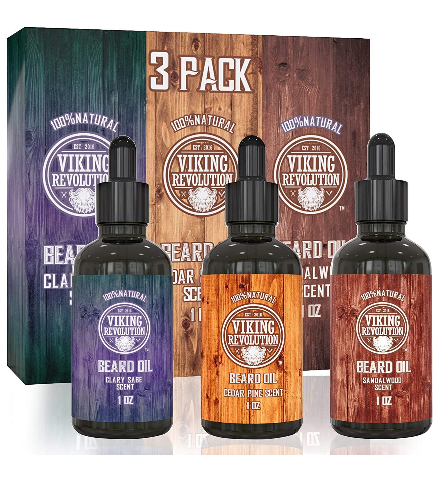 Viking Revolution Beard Oil Conditioner 3 Pack - All Natural Variety Set - Sandalwood, Pine, Cedar, Clary Sage - Moisturizing for Healthy Beard - 1oz (Pack of 3) - Buy Online on GoSupps.com
