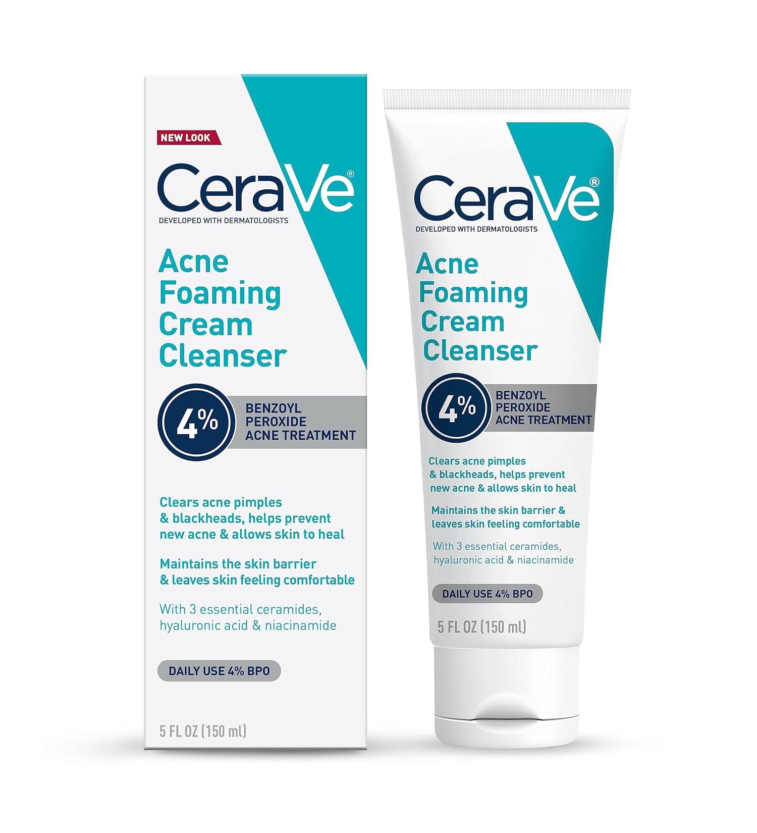 CeraVe Acne Foaming Cream Cleanser with 4% Benzoyl Peroxide, Hyaluronic Acid & Niacinamide - 5 Oz | Fragrance-Free, Non-Comedogenic Acne Treatment Face Wash - Buy Online on GoSupps.com