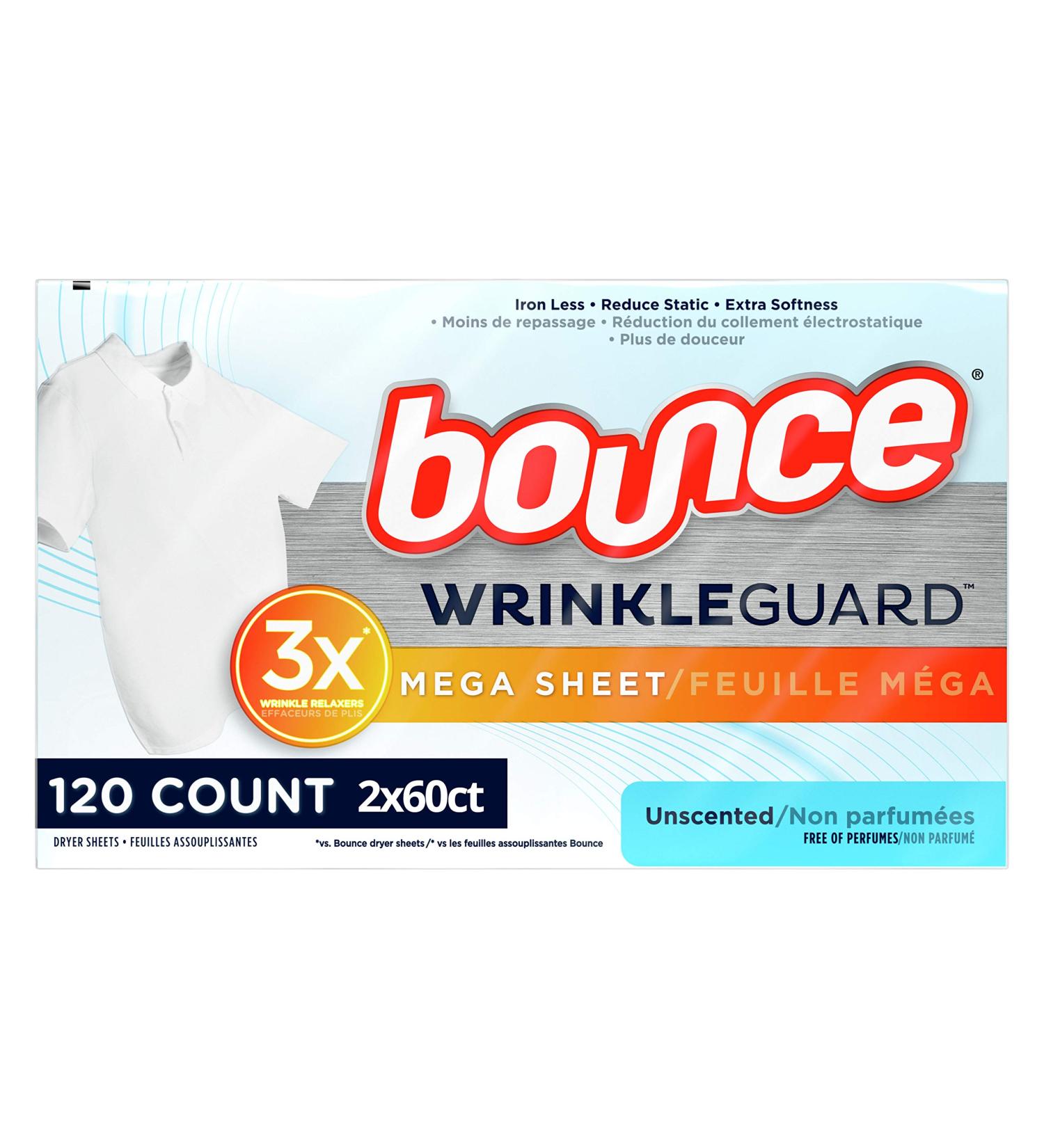 Bounce WrinkleGuard Mega Dryer Sheets - Unscented Fabric Softener and Wrinkle Releaser - 120 Count (Pack of 2) - Buy Online on GoSupps.com