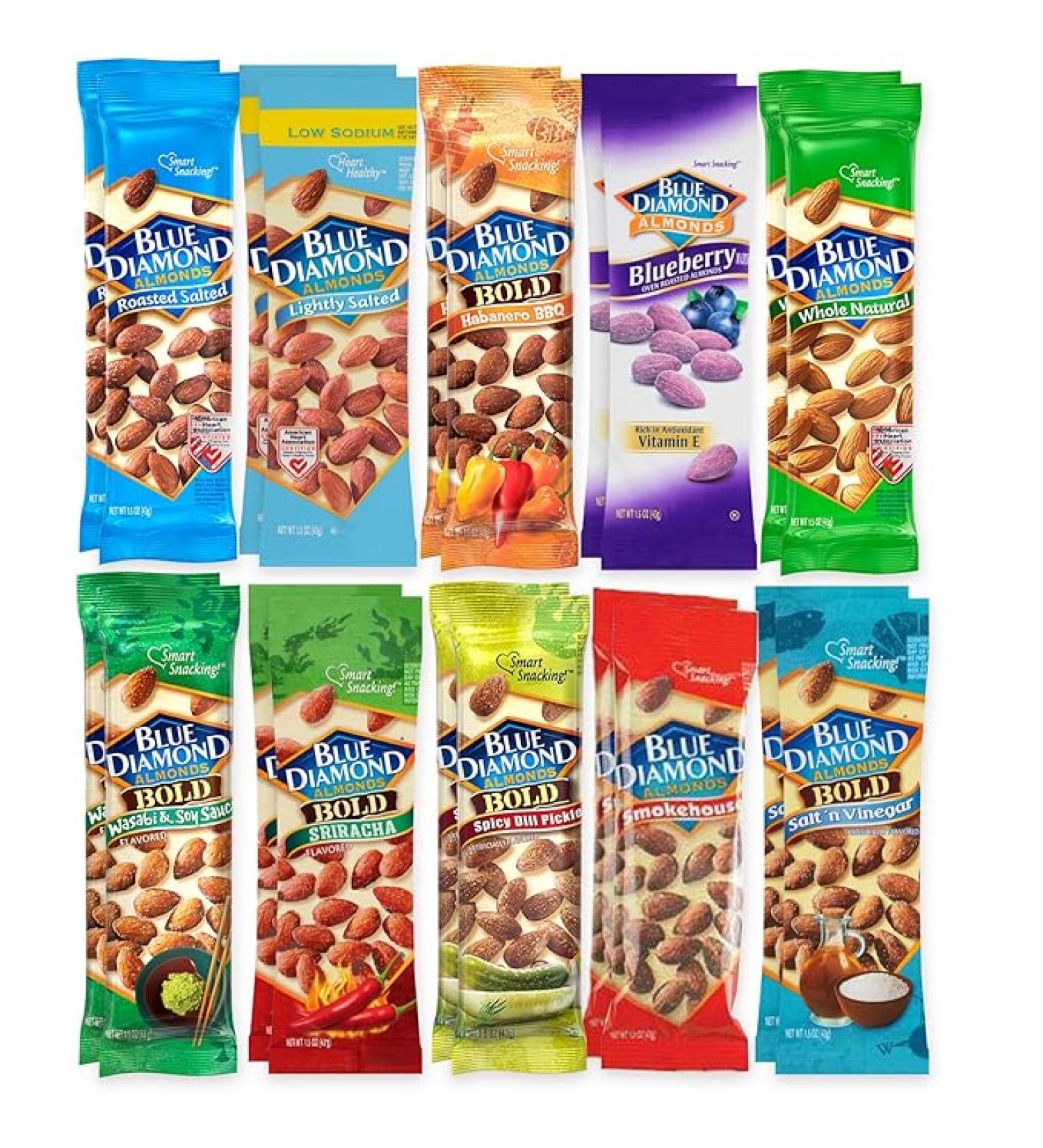 Almond Variety Packs 10 Flavors (2 Bags Each) 1.5 Ounce Bags (Pack of 20) - Buy Online on GoSupps.com