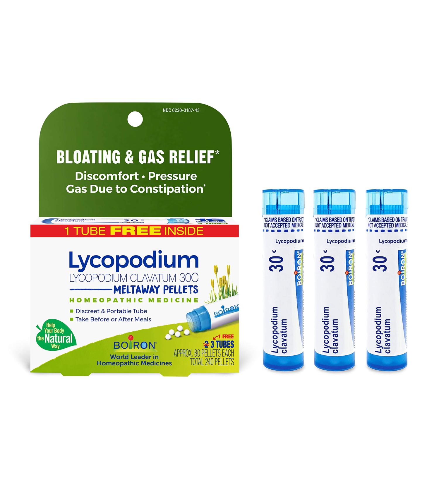 Boiron Lycopodium Bloating & Gas Relief - 30C Meltaway Pellets - 3 Tubes (80 Pellets Each) - Buy Online on GoSupps.com
