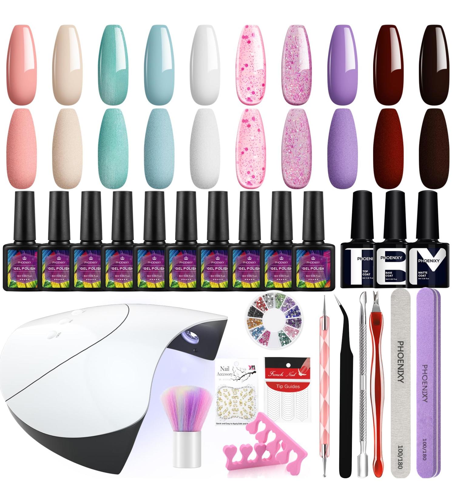 Phoenixy Autumn Gel Nail Polish Kit - 10 Colors with UV/LED Lamp, Base/Top Coat, Glossy Matte Finish - Soak Off, Gift for Women - 25 PCS Set - Buy Online on GoSupps.com