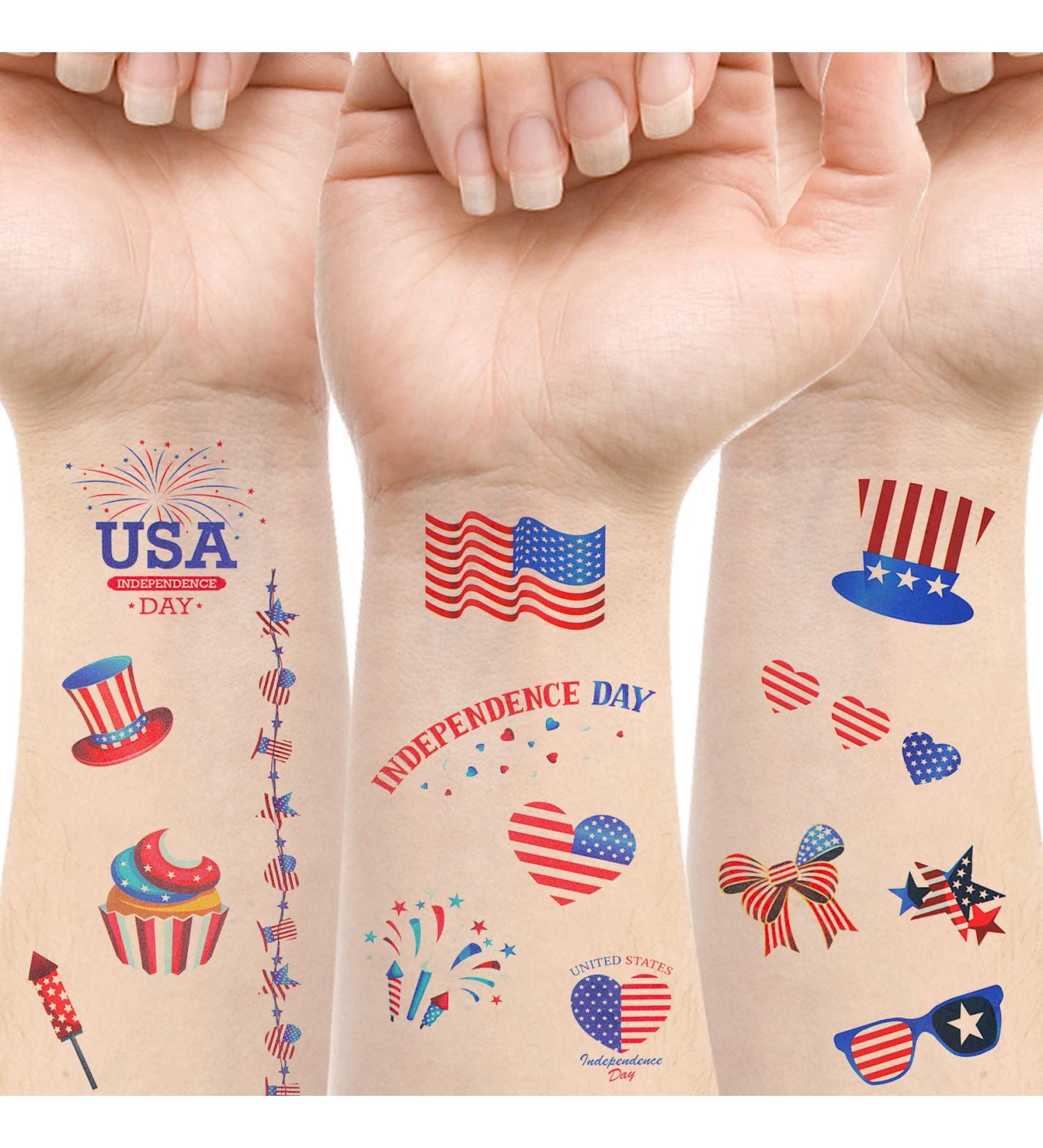 20 Sheets Patriotic Temporary Tattoos - Red White Blue 4th of July Stickers for Kids & Adults - Independence Day Design - Buy Online on GoSupps.com