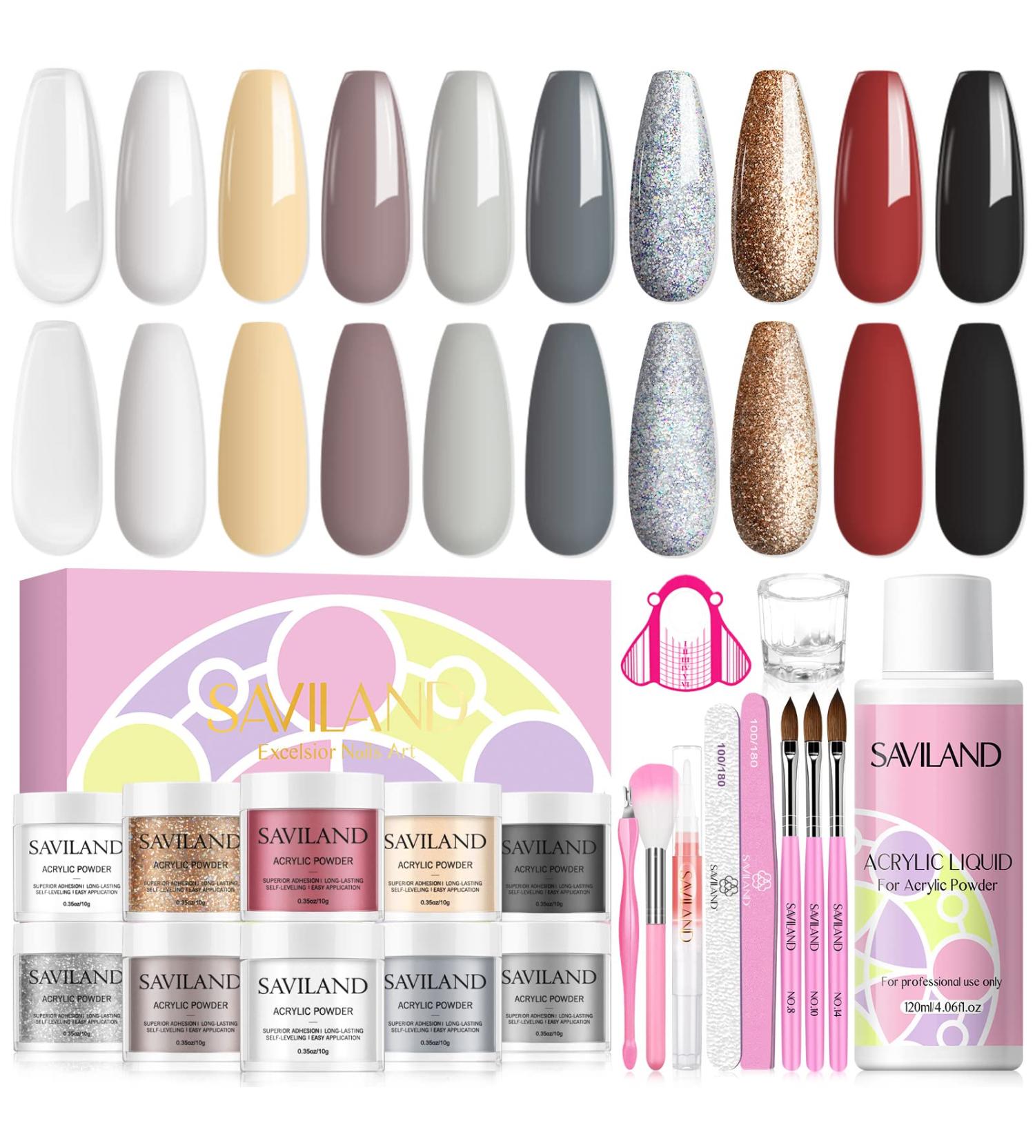 Saviland 10 Color Acrylic Powder & Liquid Set with Black Glitter - Nail Brushes, Dappen Dish, Tools for Extension & Carving - Acrylic Nail Kit - Buy Online on GoSupps.com