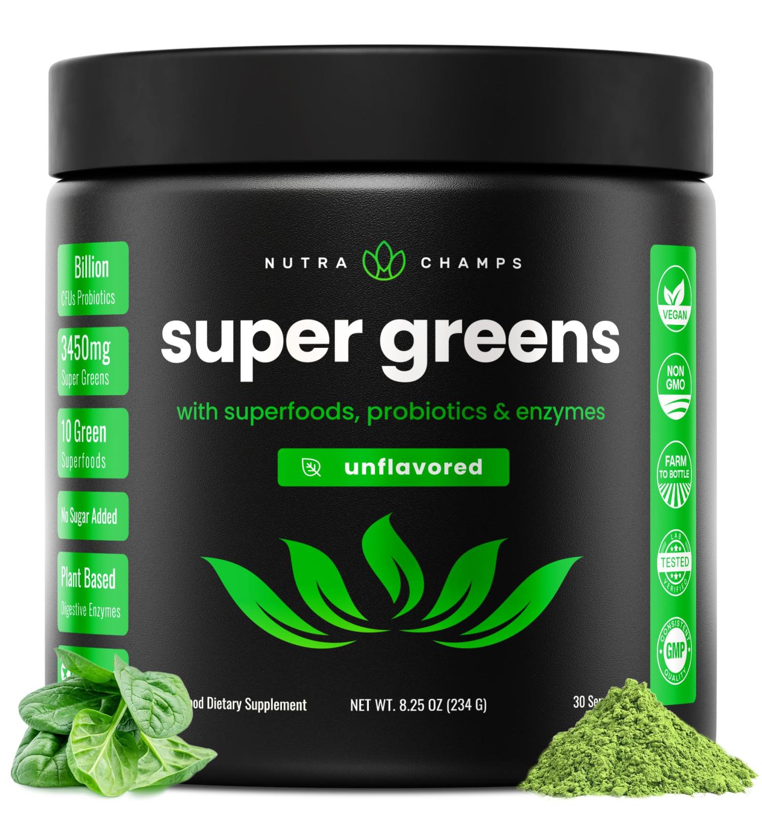NutraChamps Super Greens Powder Premium Superfood | 20+ Organic Green Veggie Whole Foods | Wheat Grass Spirulina Chlorella | Antioxidant Digestive Enzyme & Probiotic Blends (9.0 Oz Unflavored) 9 Ounce (Pack of 1) - Buy Online on GoSupps.com