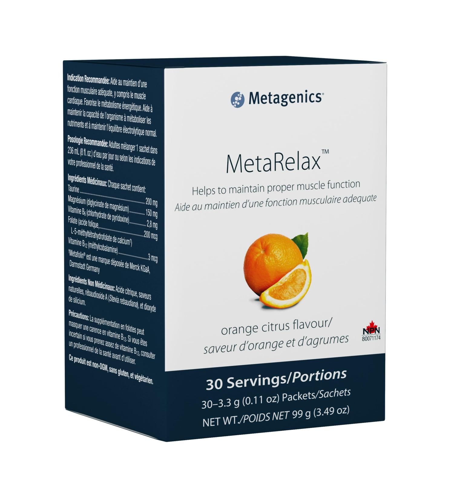 Metagenics - MetaRelax - Muscle Function Support - Orange Citrus - 99 g - 3.49 oz - 30 Packets (3.3g - 0.11 oz) - Buy Online on GoSupps.com
