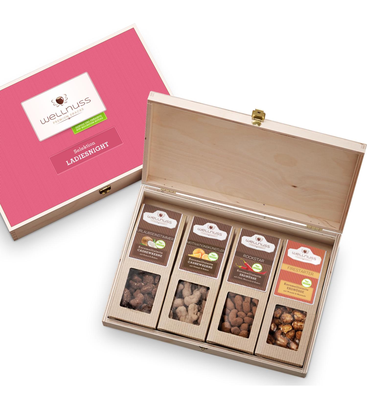 Wellnut Ladiesnight - Premium Vegan Gift Set | 4 Caramelized Nut Snacks in Birch Wood Box - Ideal Gift for Women Girlfriend Mother - Buy Online on GoSupps.com