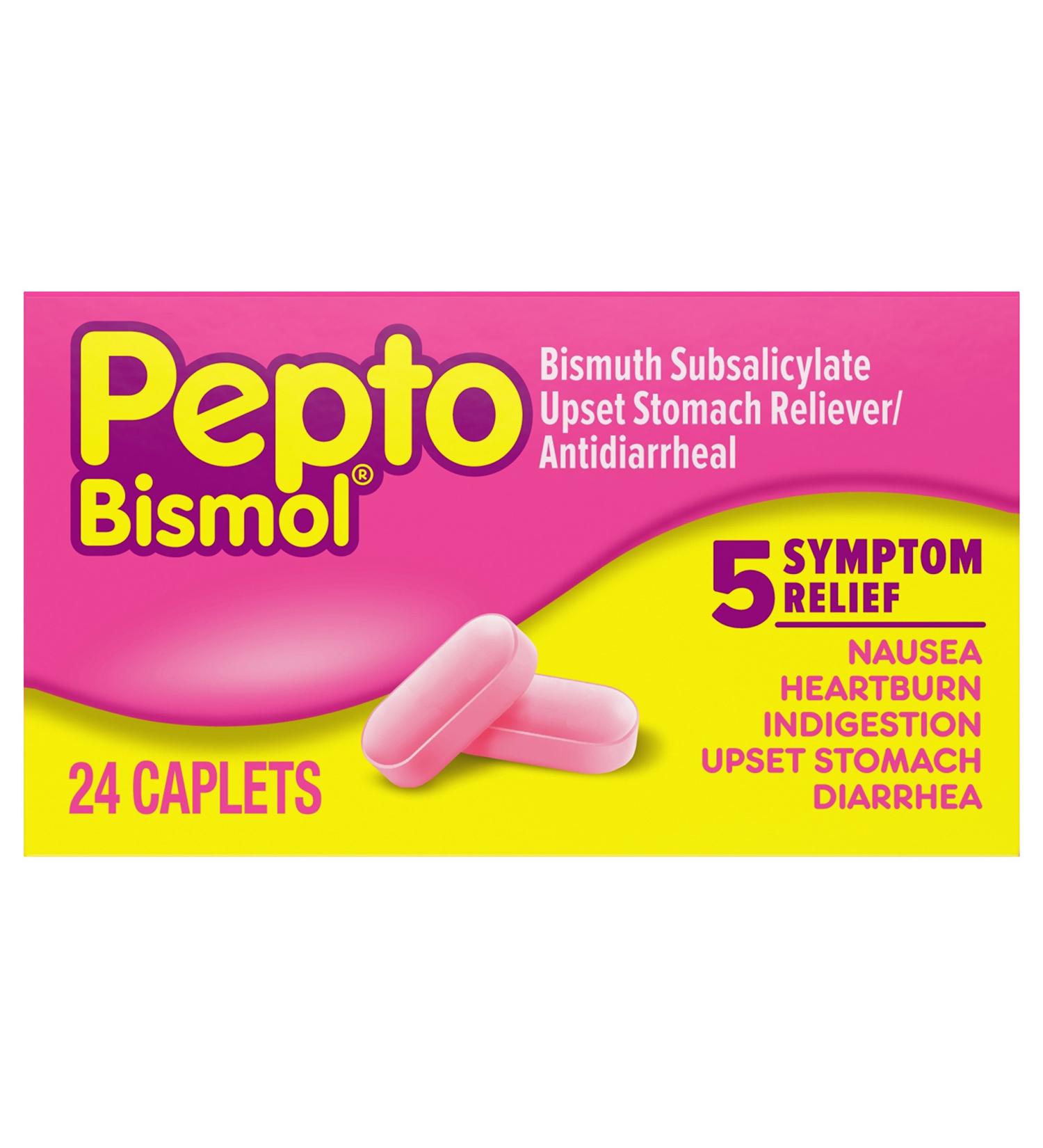 Pepto Bismol Caplets 24 Count - Gas, Diarrhea, Heartburn Relief | Nausea, Upset Stomach, Indigestion | Unflavored - Pack of 1 - Buy Online on GoSupps.com