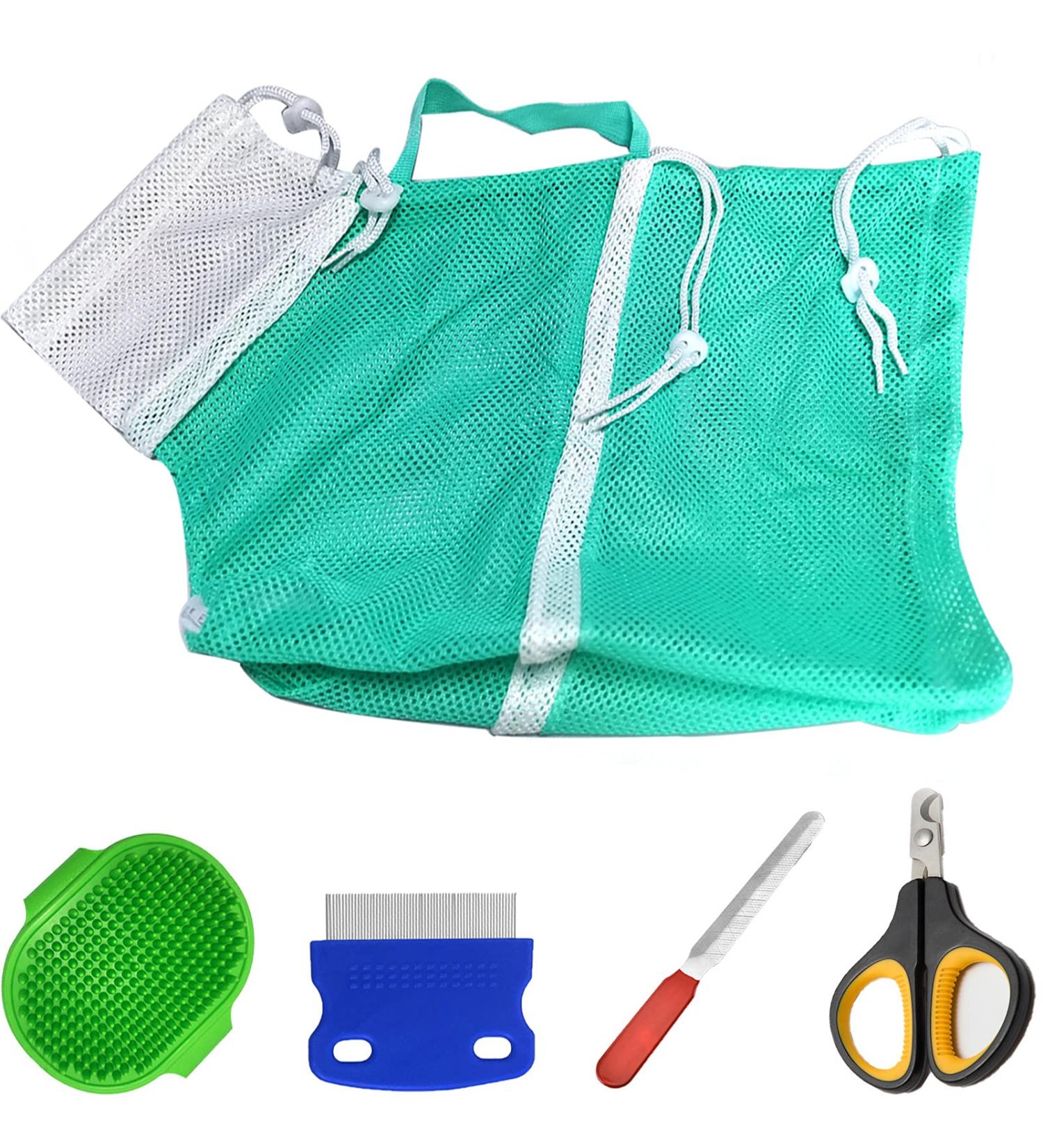Adjustable Cat Bathing Bag Set with Nail Clippers - Anti-Bite & Scratch Mesh Grooming Restraint Bag - Green - Buy Online on GoSupps.com